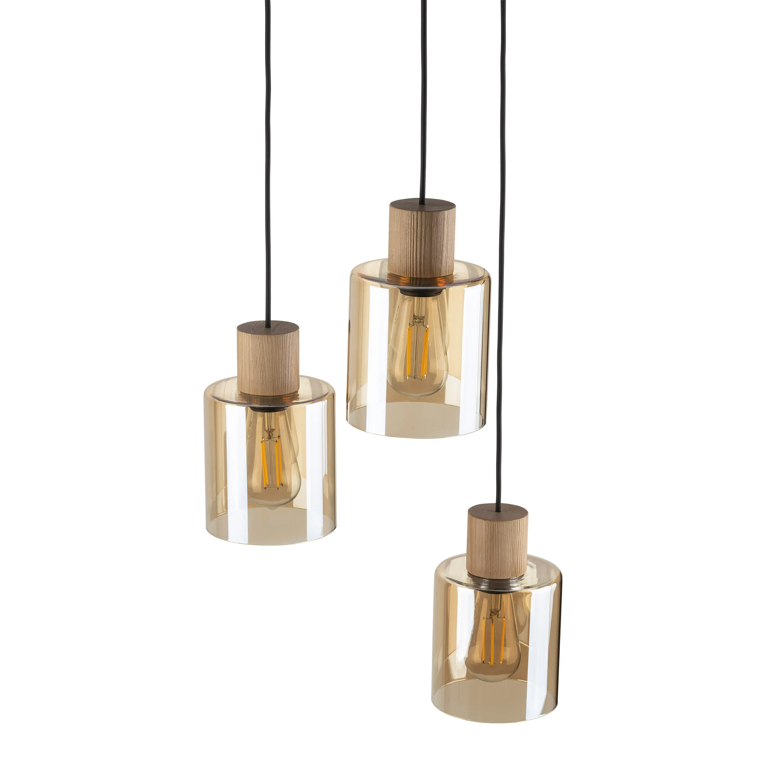 Lampa wisząca ORSON czarna z drewnianymi elementami bursztynowe okrągłe szklane klosze 95x36cm - TK_5749