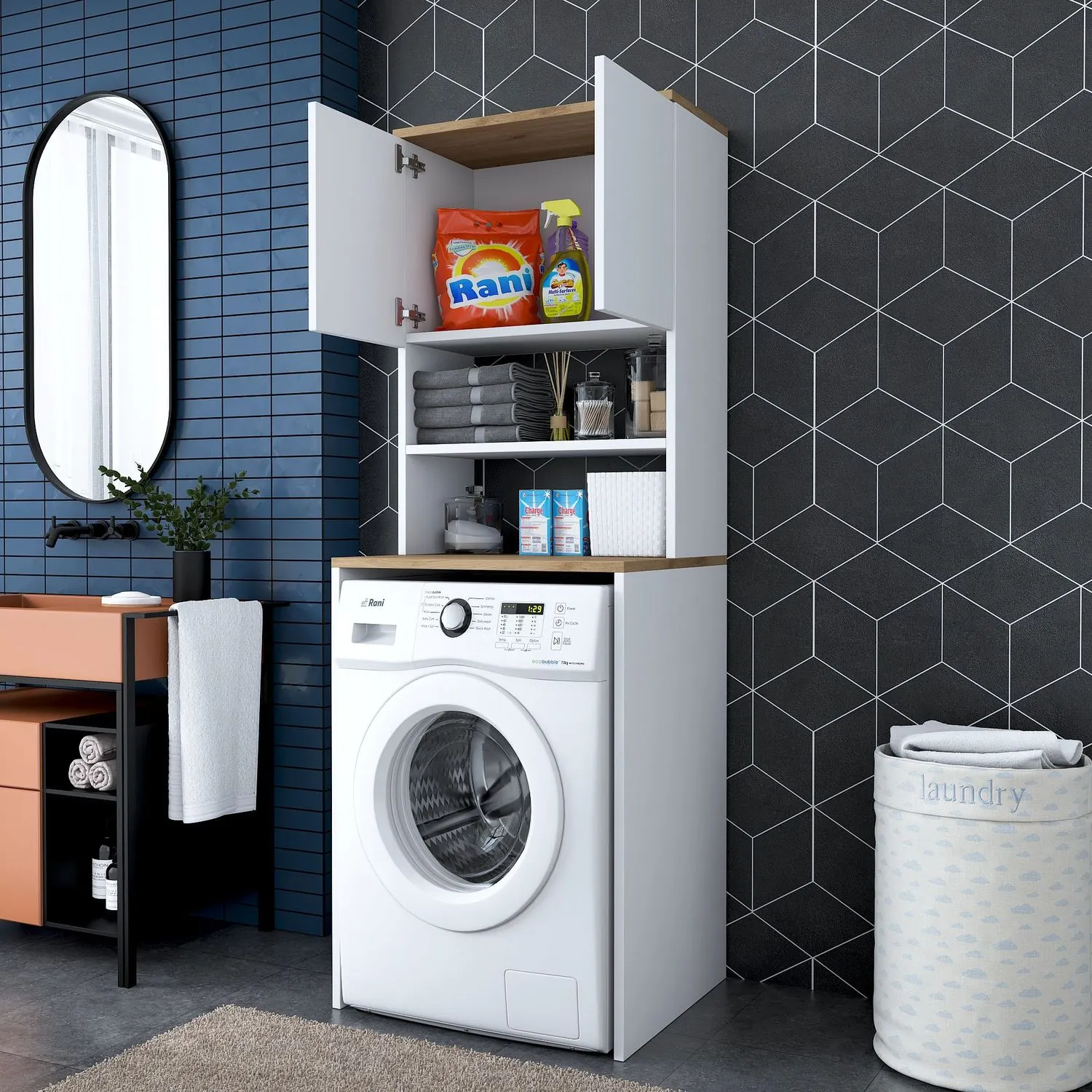 Zabudowa na pralkę z regałem KD101 szer.65 wys. 183,6 biały orzech - ASI_543WRN1201