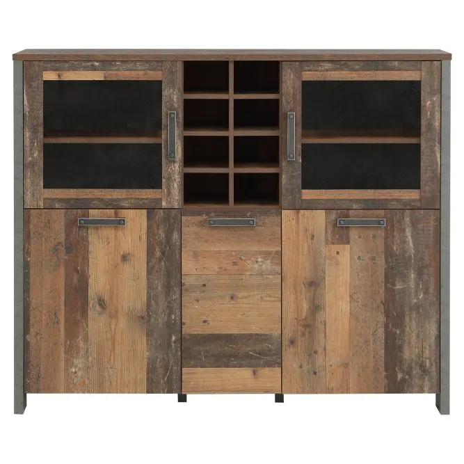 Witryna niska CLIF 5-drzwiowa - old wood vintage, beton