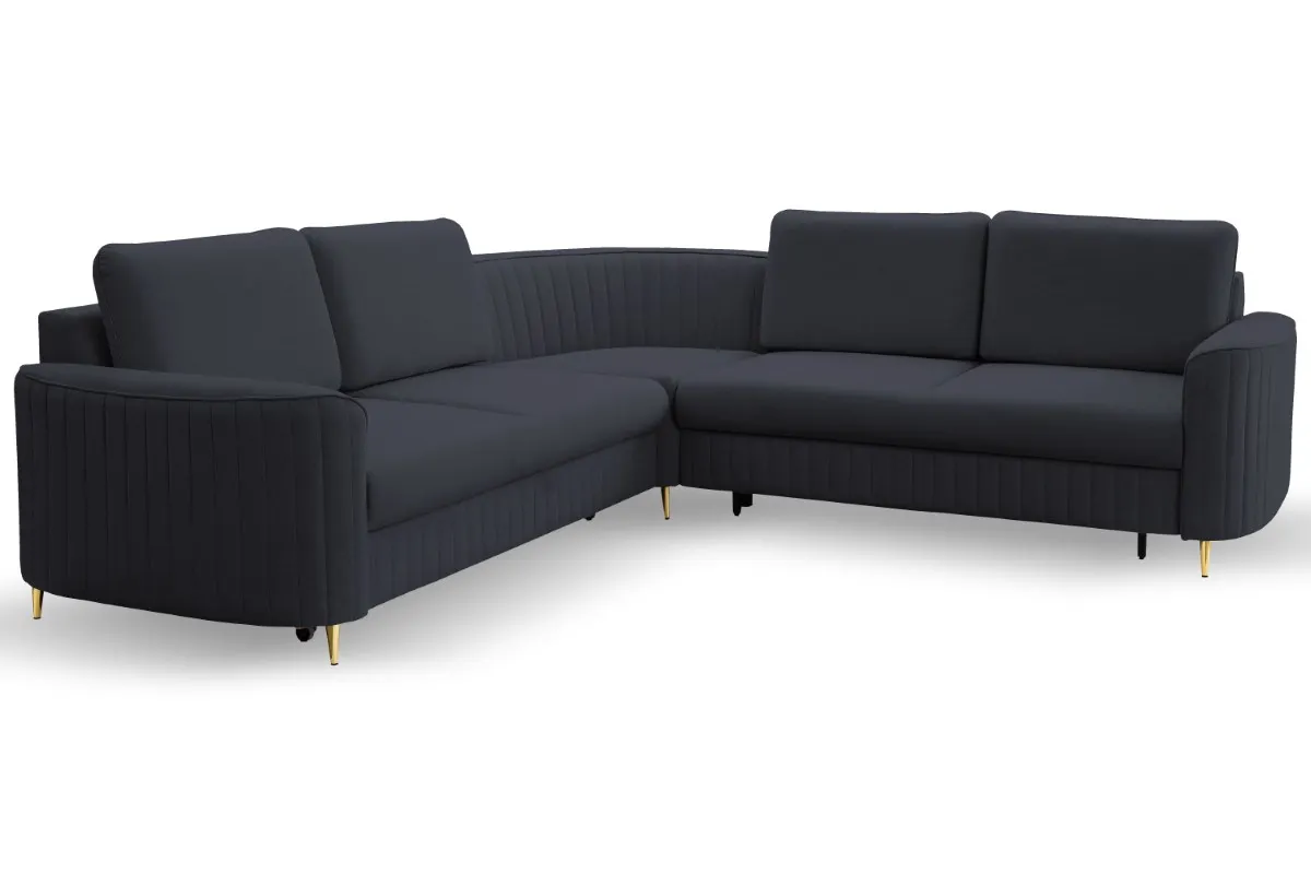 Narożnik rozkładany z pojemnikiem LAREN CASTEL 251 cm prawy granatowy złote nóżki Kanapa, Meble