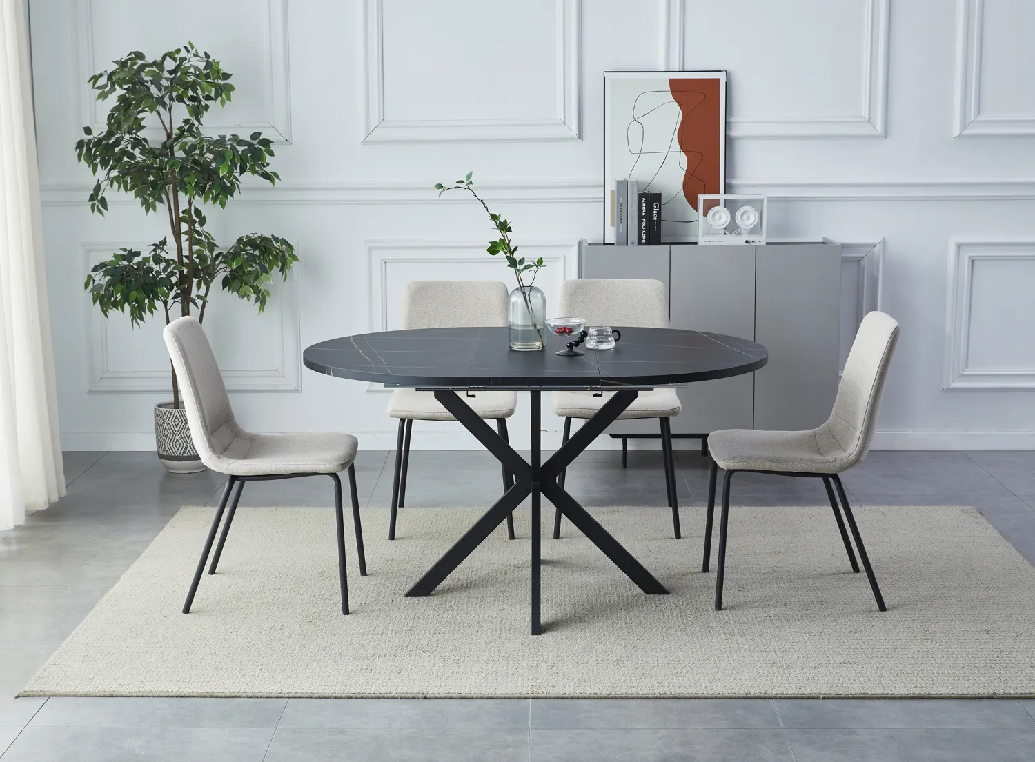 Stół okrągły rozkładany GASTON FI 100 (135) czarny efekt marmuru stelaż czarny - GASTONCMAC100