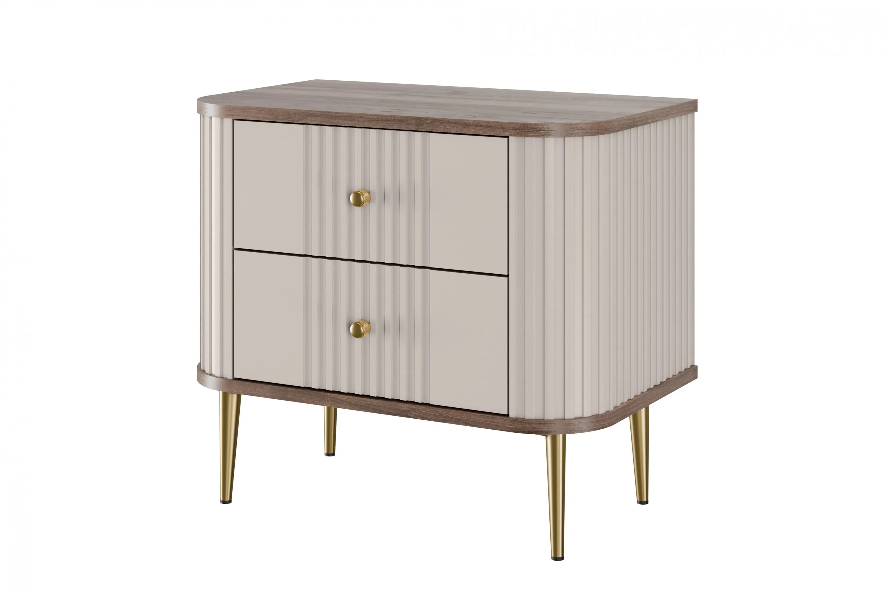 Szafka nocna z 2 szufladami VESPER 56 zestaw 2 sztuk ryflowany front cashmere mdf orzech złote nogi - B_163836