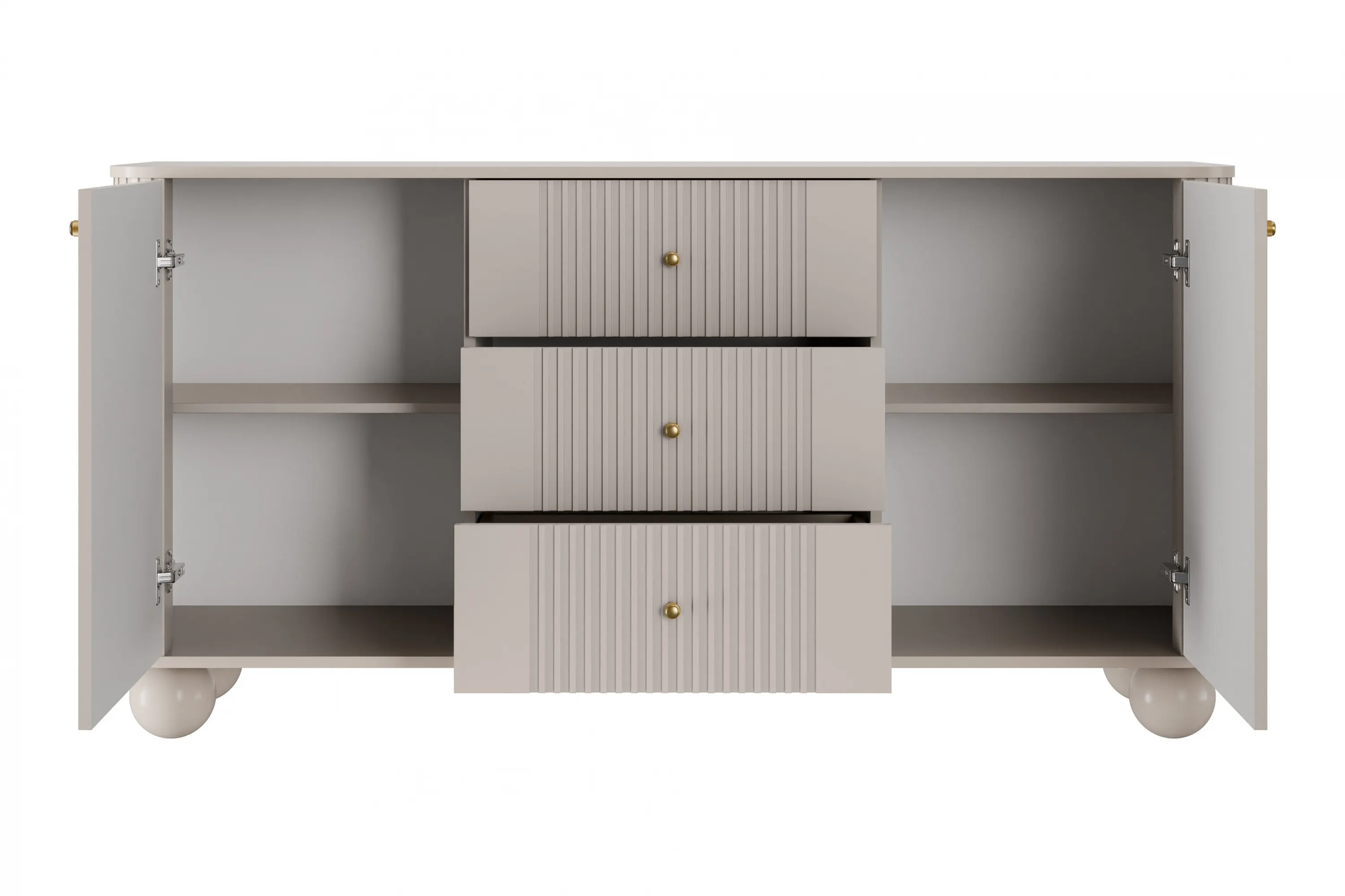 Komoda 2-drzwiowa z 3 szufladami VESPER 160 ryflowany front cashmere złote uchwyty nogi kule - B_163599