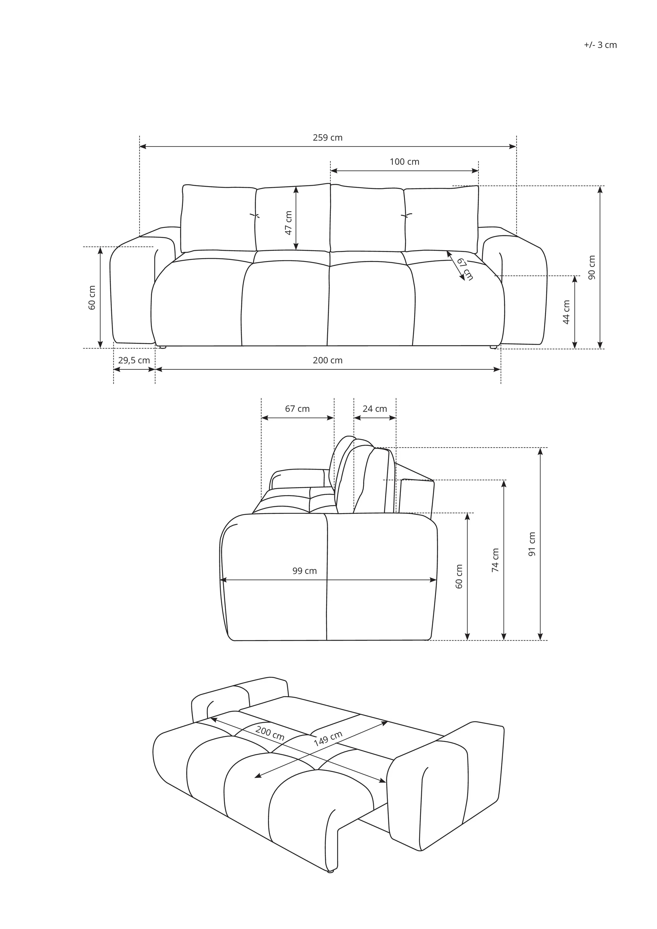 Sofa rozkładana z pojemnikiem SOHO 259 cm pikowana kremowa — zdjęcie 8