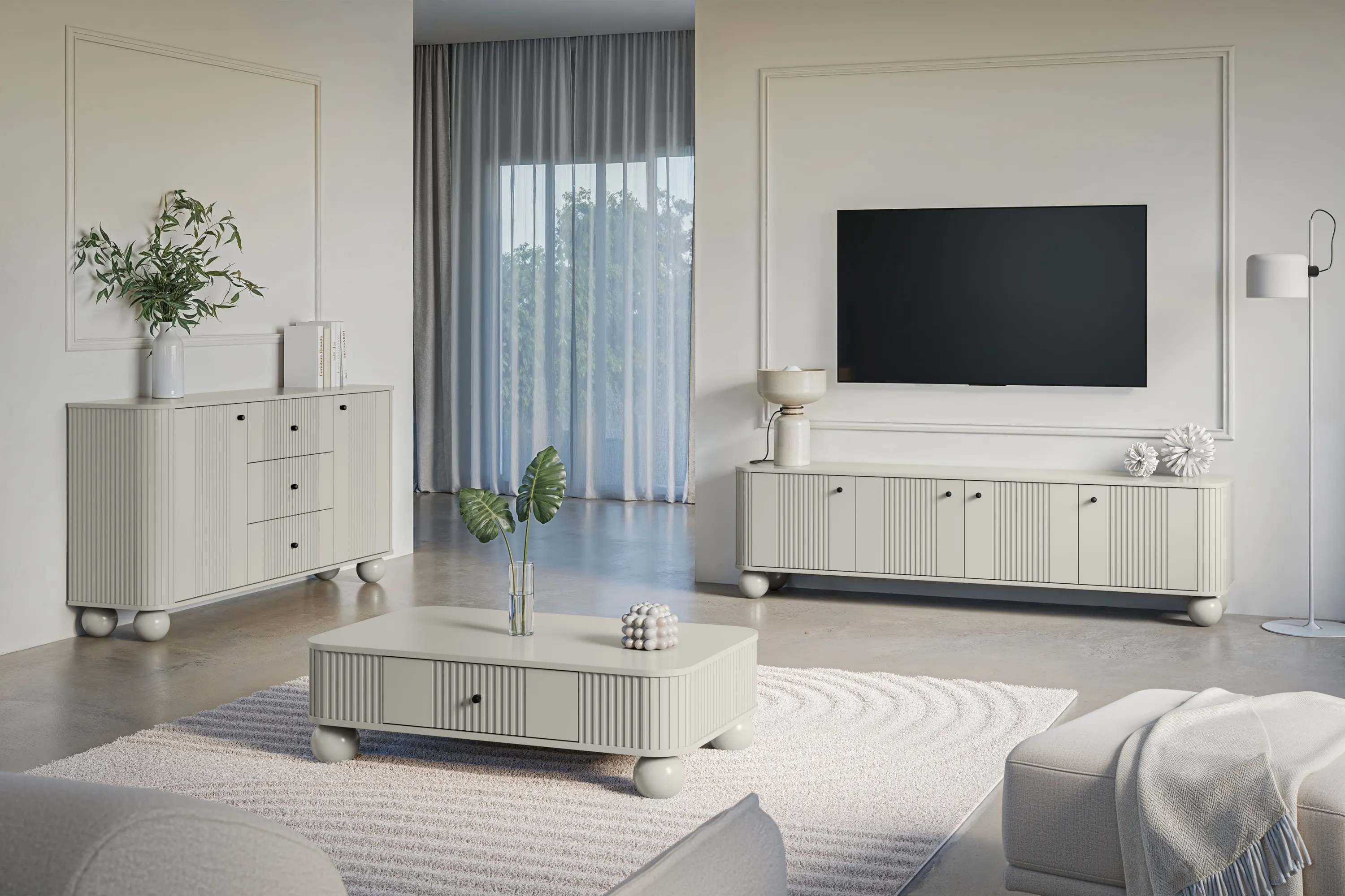 Szafka RTV 4-drzwiowa VESPER RTV 187 ryflowany front cashmere czarne uchwyty nogi kule - B_163729