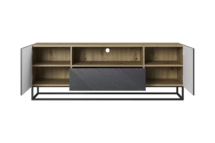 Szafka RTV ASHA 167 - szara - dąb artisan - ryflowany front - czarny stelaż - B_52136