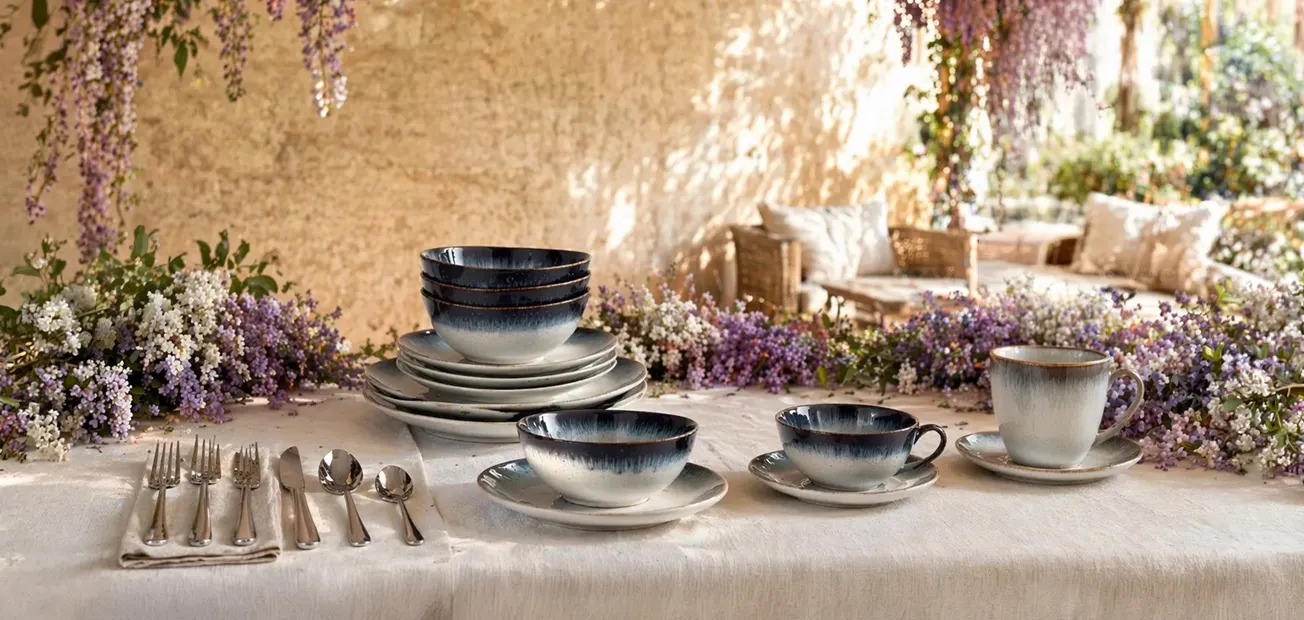 naczynia, zestaw talerzy, miski ceramiczne, cappuccino, kawa, kolor gradientowy, talerze, sztućce, stawione na stole, lilaki w tle, naczynia, duże talerze, miski, kawa i filiżanki, stalowe sztućce