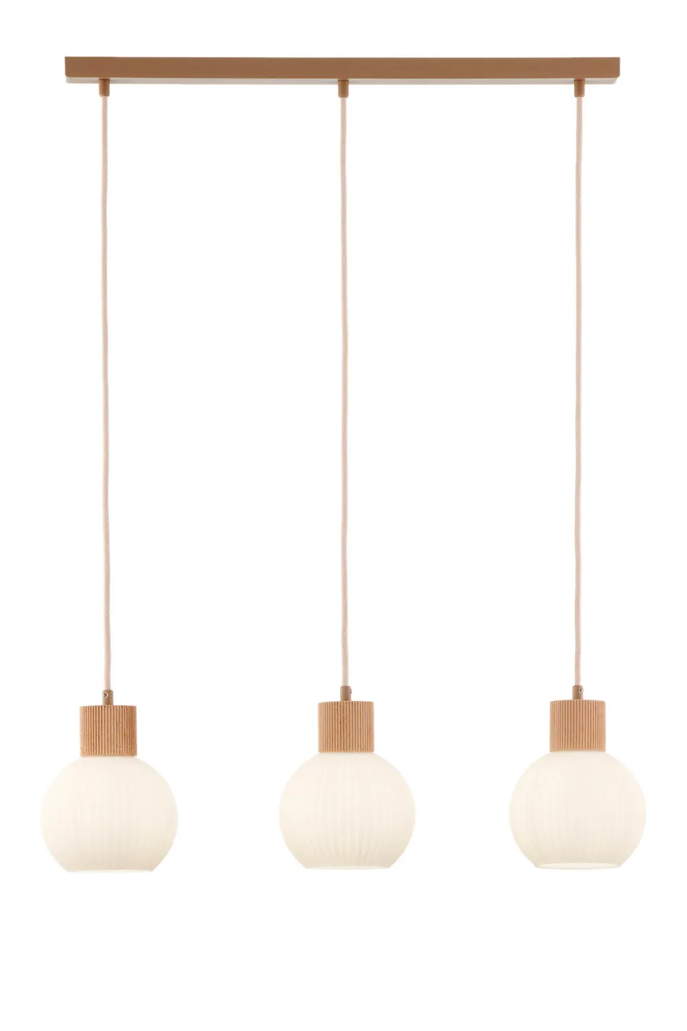 lampa wisząca, trzy lampy, klosze ceramiczne, beżowy, płaska listwa