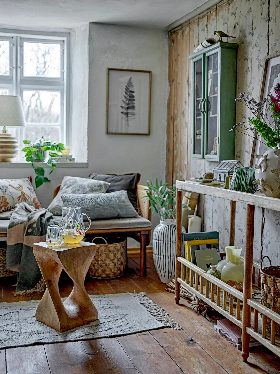 image living room, sofa, cushions, wooden table, plants
