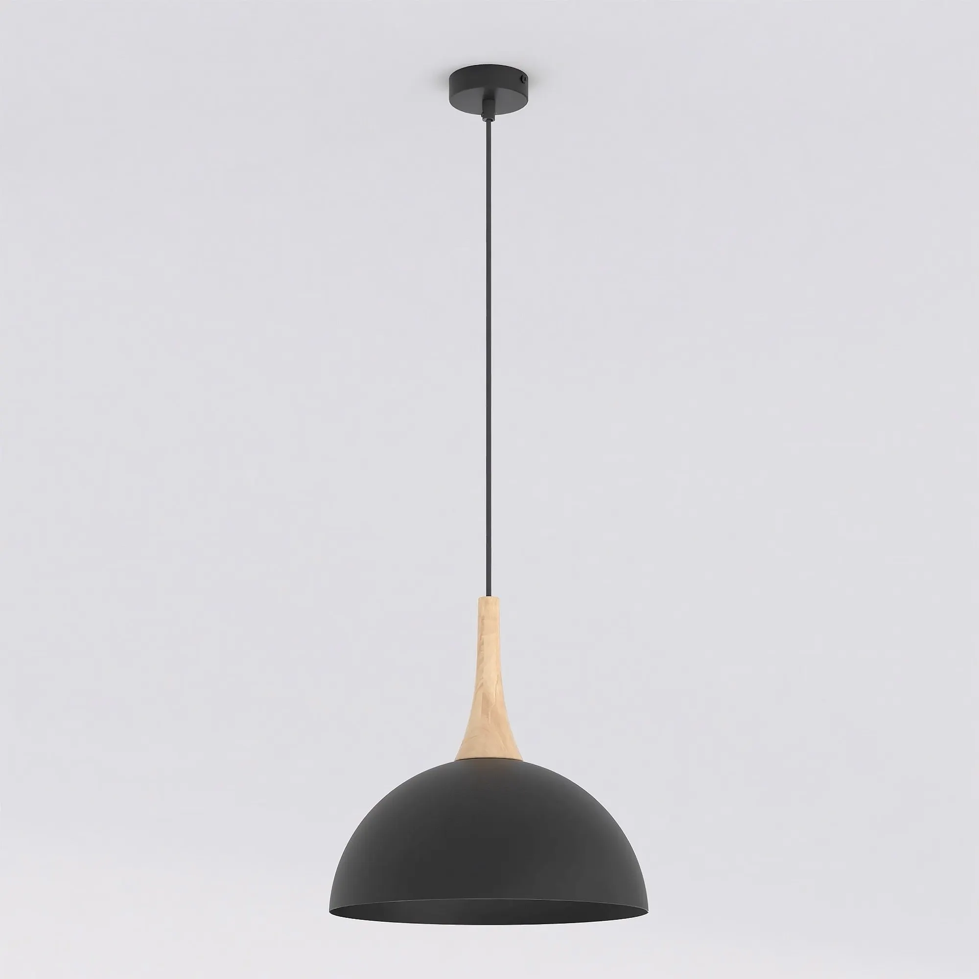 image lampa wisząca, wisząca, czarna, metal, drewniany element