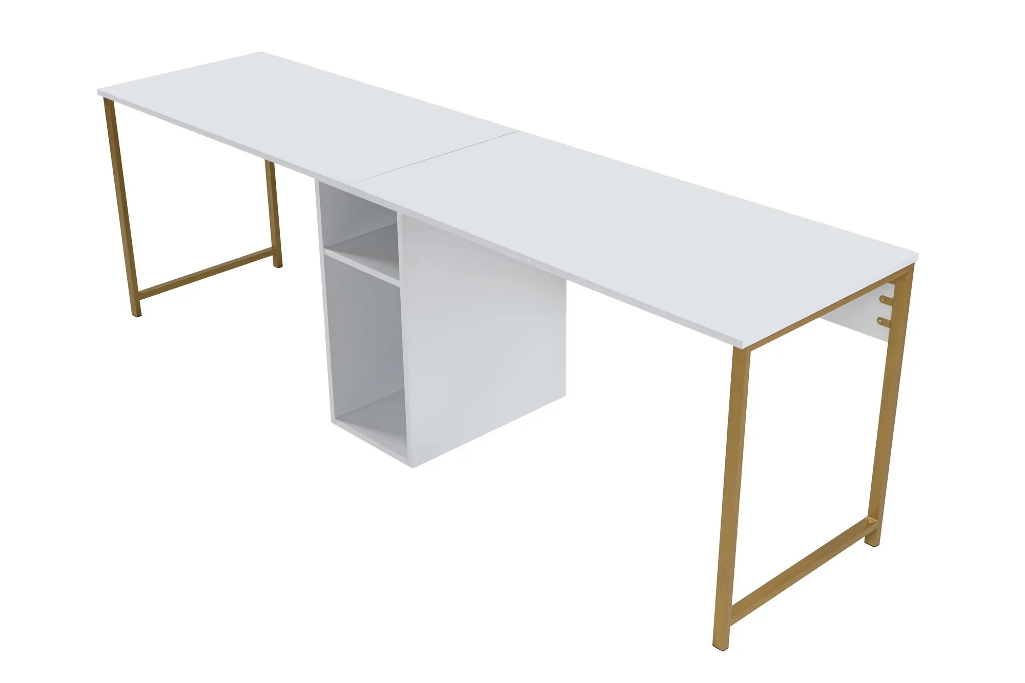 Biurko 2-osobowe z półkami TWIN 240x60 białe/złote metalowe nogi