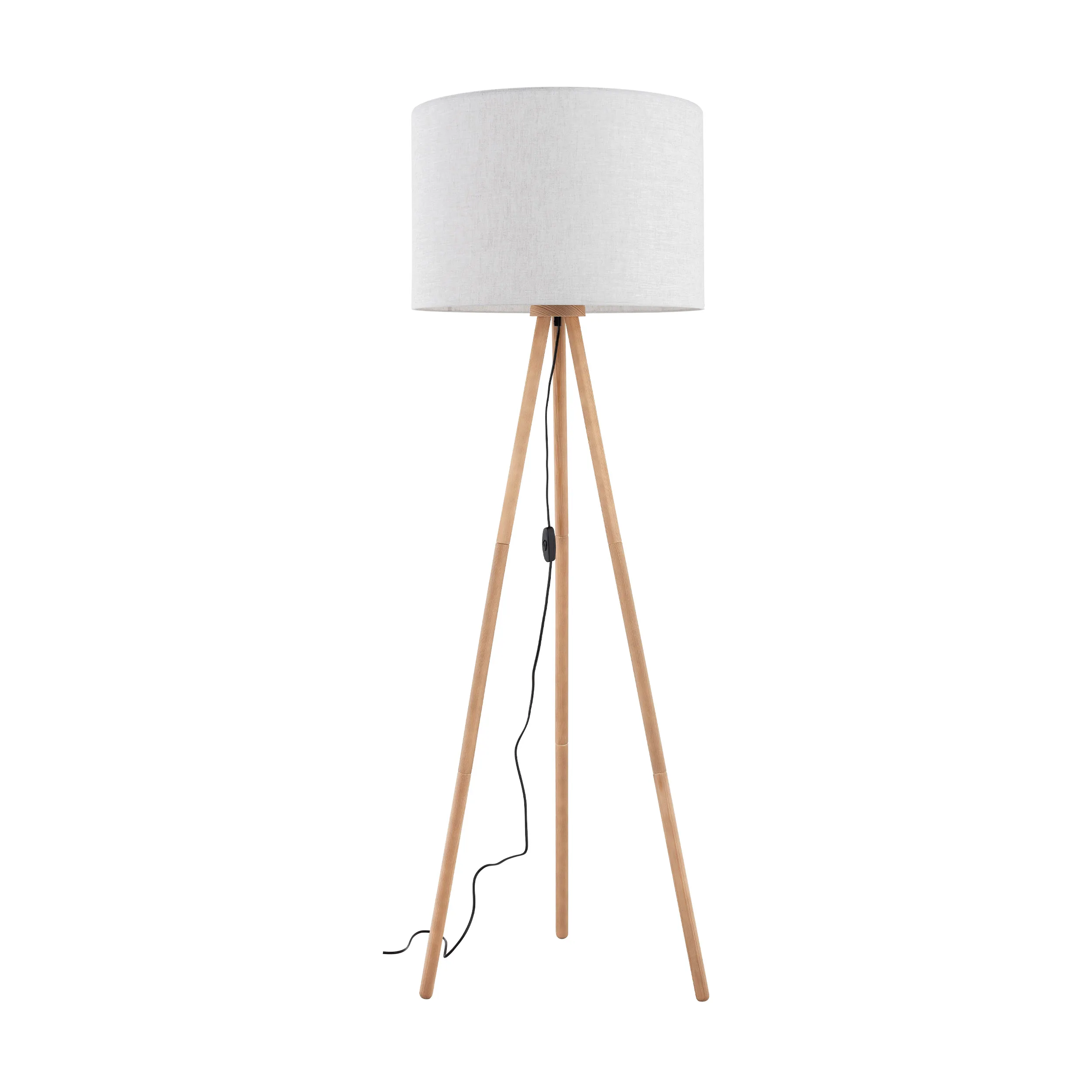 Lampa podłogowa TOKYO sosnowe postarzane nogi brązowy okrągły abażur z tkaniny 146x63cm