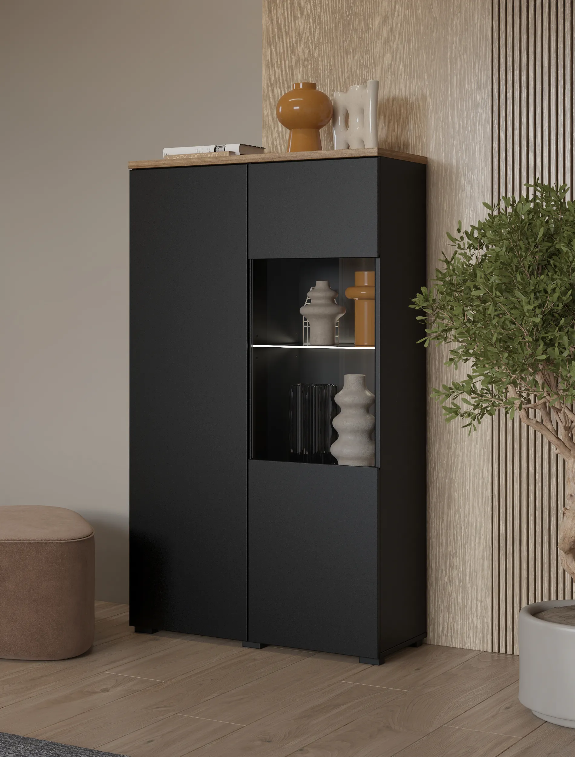 image stelaż, szafka/regał, czarna meblościana, szafka z przeszklonymi drzwiami, dekoracyjne naczynia