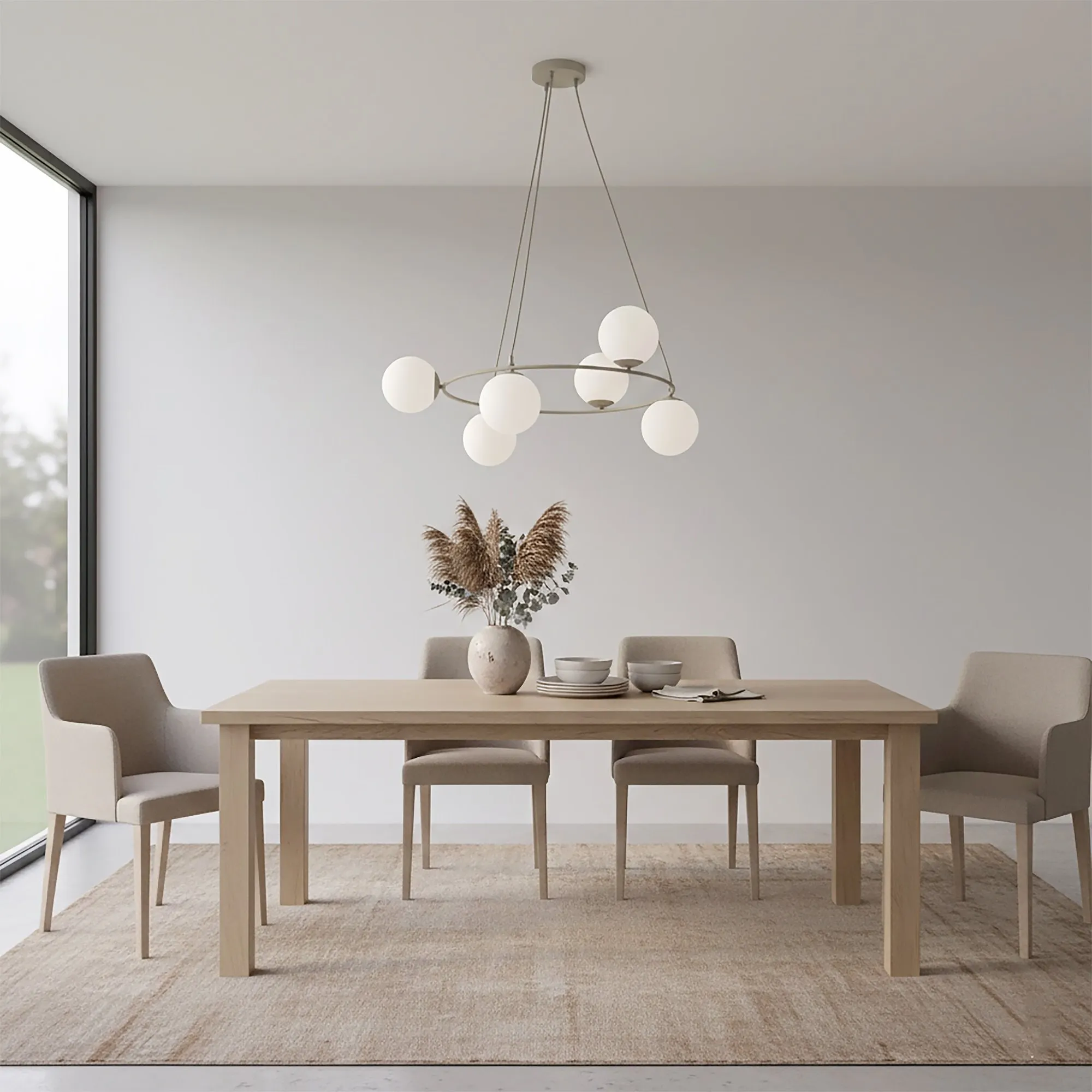 image stół drewniany, jadalnia, lampa wisząca, zestaw mebli, dywan naturalny