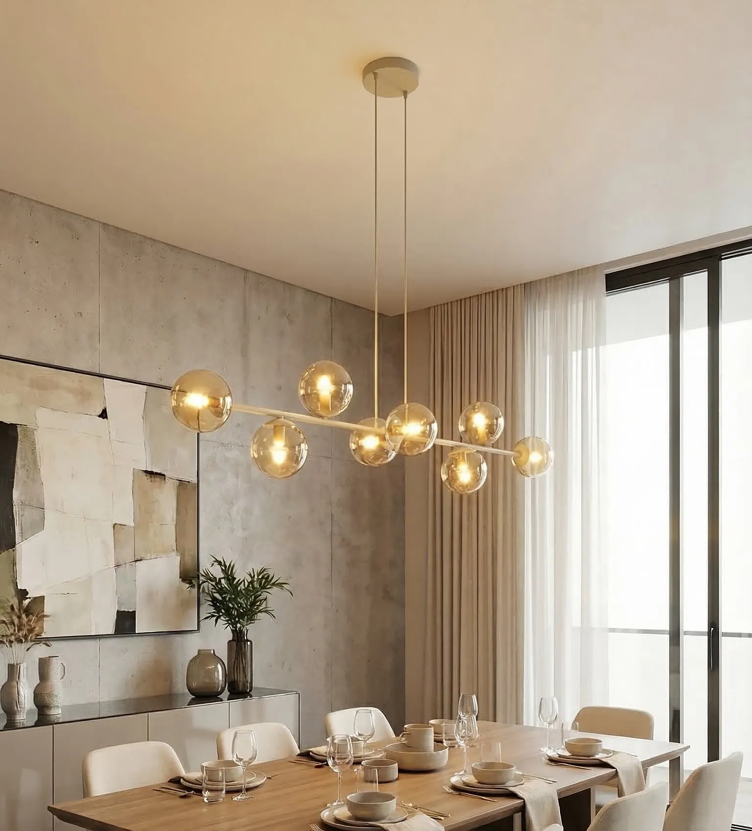 lampa wisząca, globusowy żyrandol, kuchnia jadalnia, oświetlenie LED, metalowy żyrandol