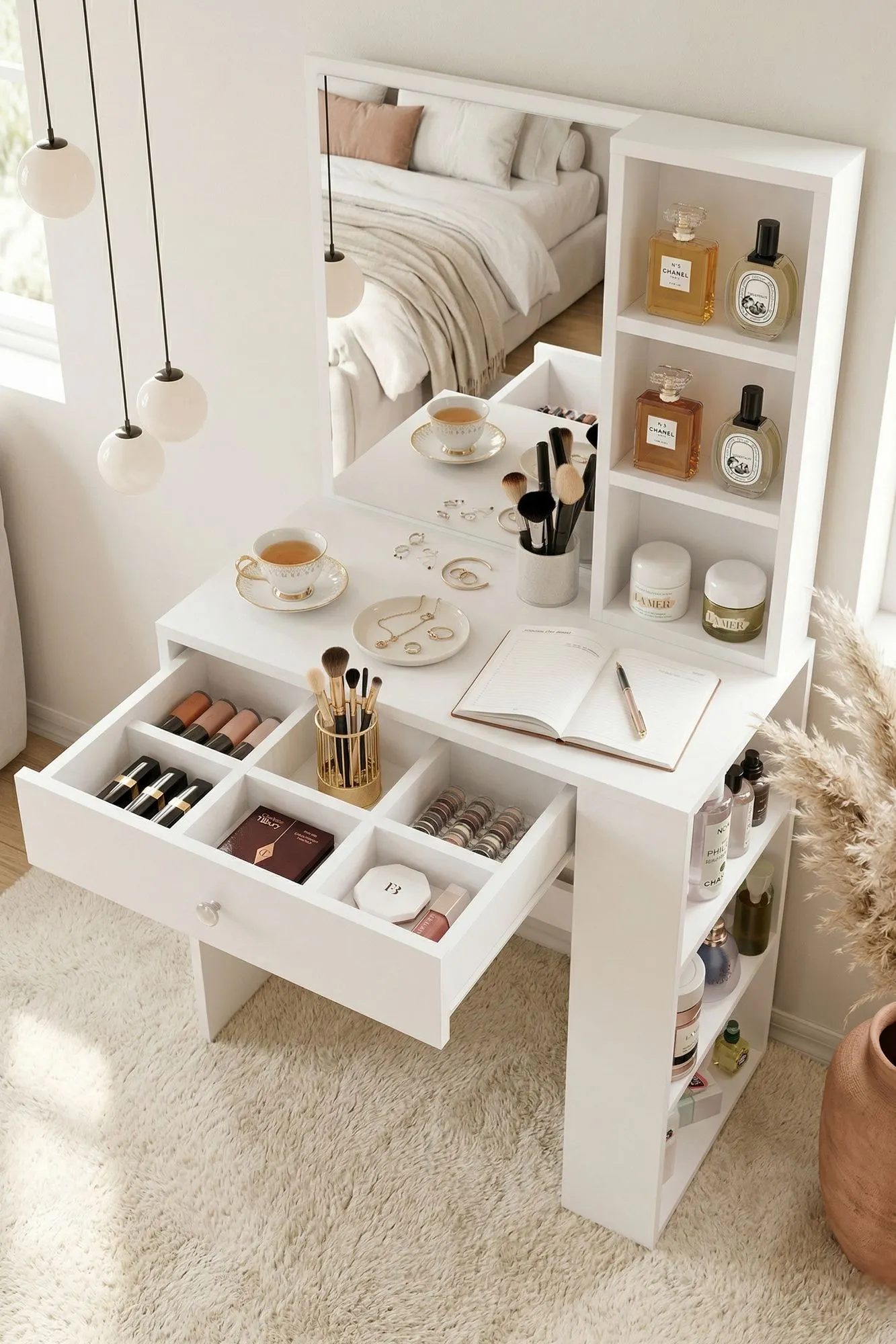image stolik toaletka, pakiet makijażu, kosmetyki, lustro, meble białe