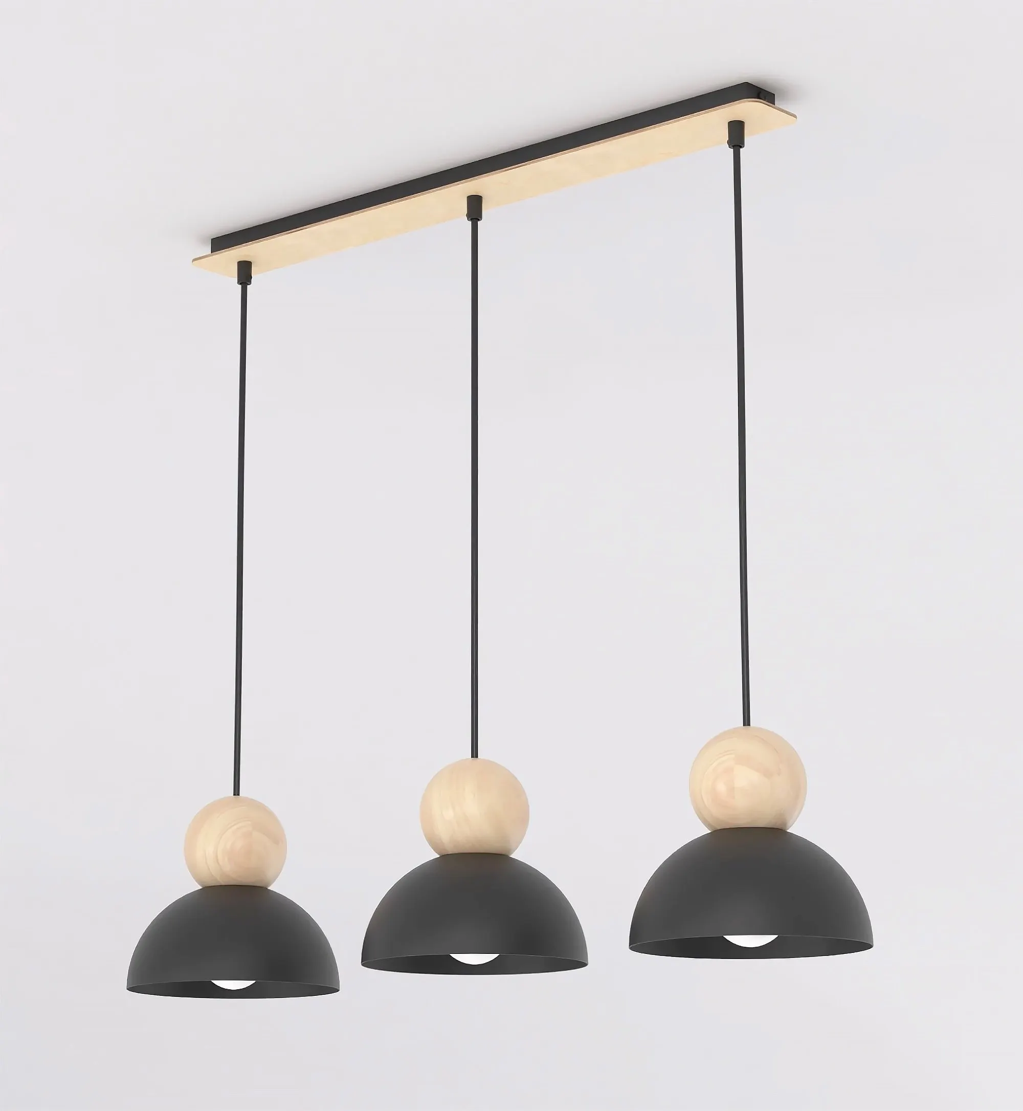 image lampa wisząca, trzy płomienie, szara, metalowy abażur, drewniane kule