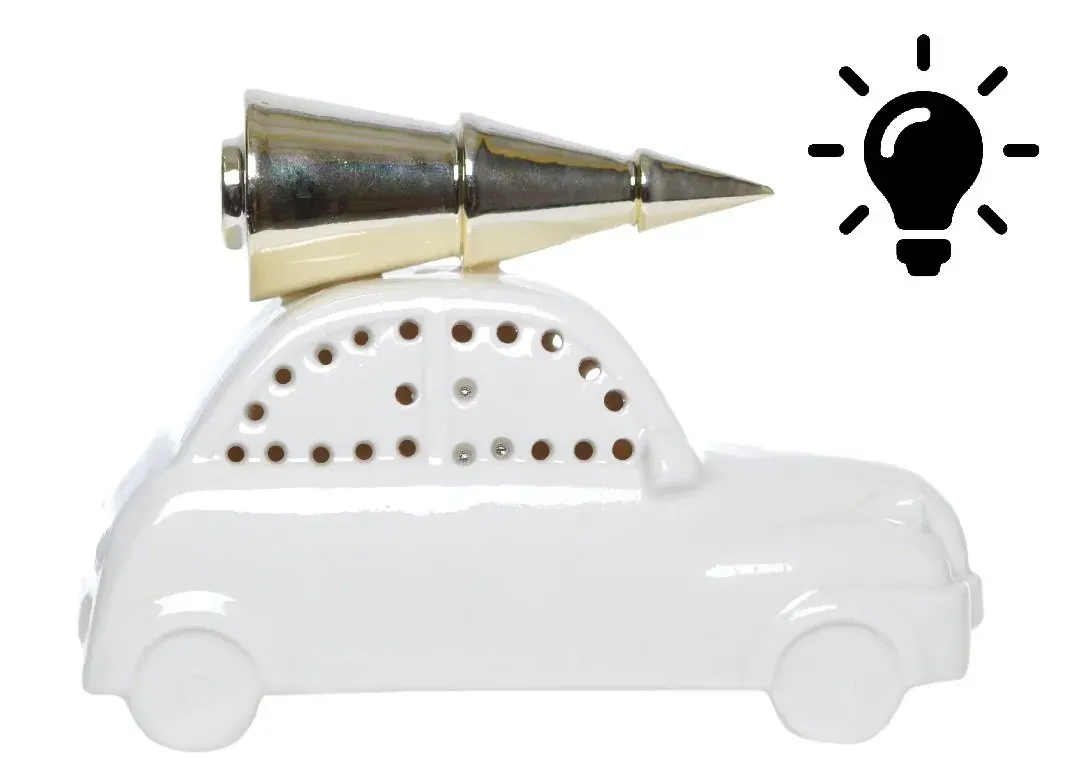 Porcelanowe AUTO Z CHOINKĄ NA DACHU podświetlane duże biało-złote Porcelanowe AUTO Z CHOINKĄ NA DACHU podświetlane duże biało-złote