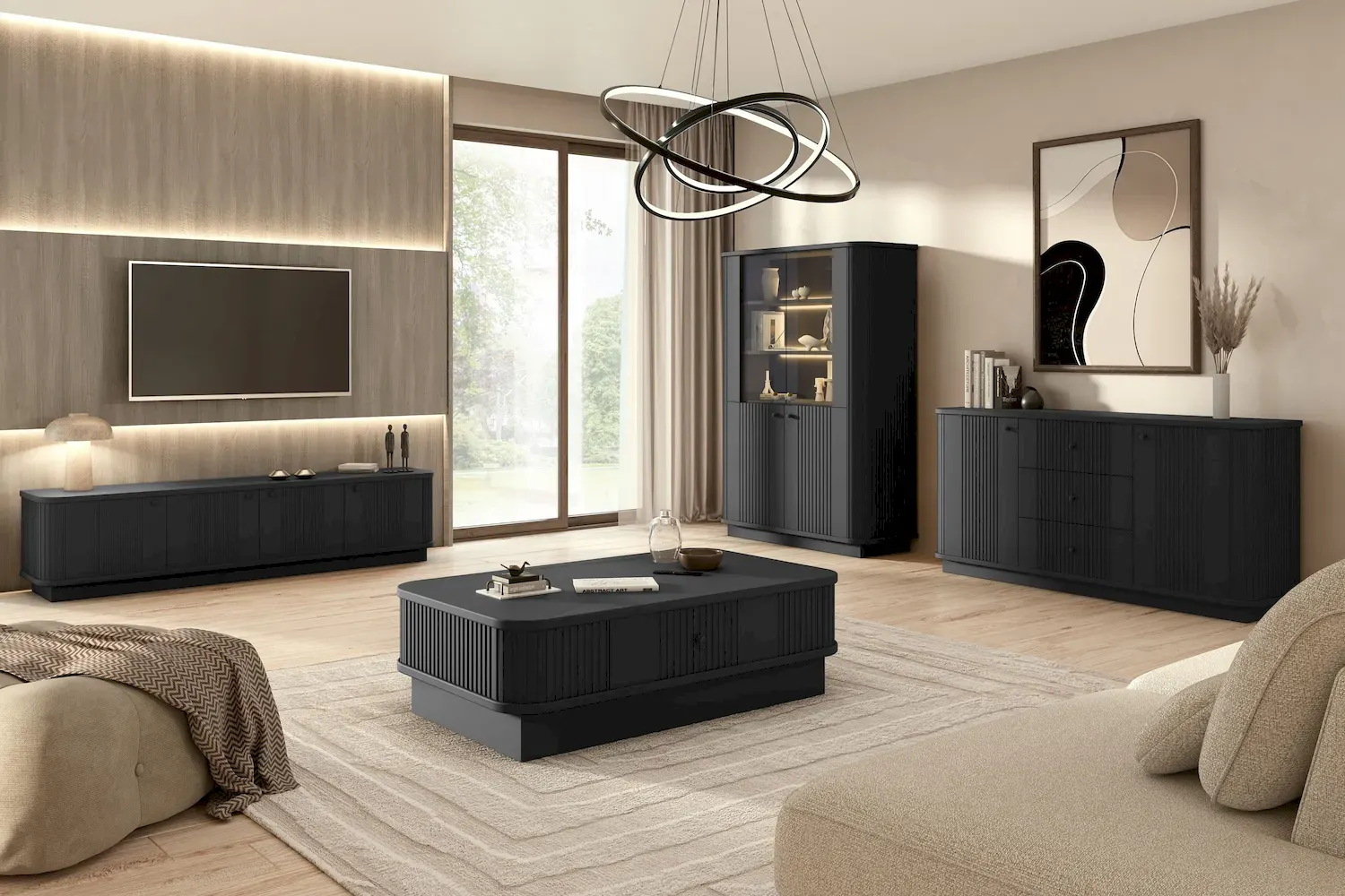 Komoda 2-drzwiowa z 3 szufladami VESPER 160 ryflowany front - czarny czarne uchwyty cokół - B_169444