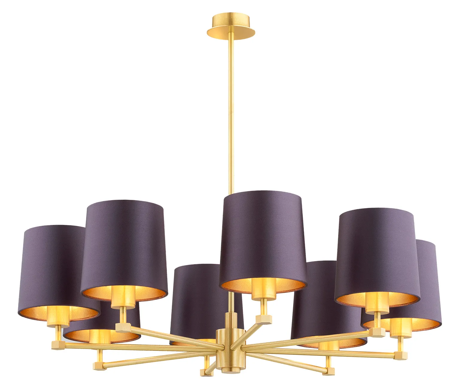 lampa wisząca, konsola żyrandolowa, falowane abażury, złote wykończenie, kolor fioletowy