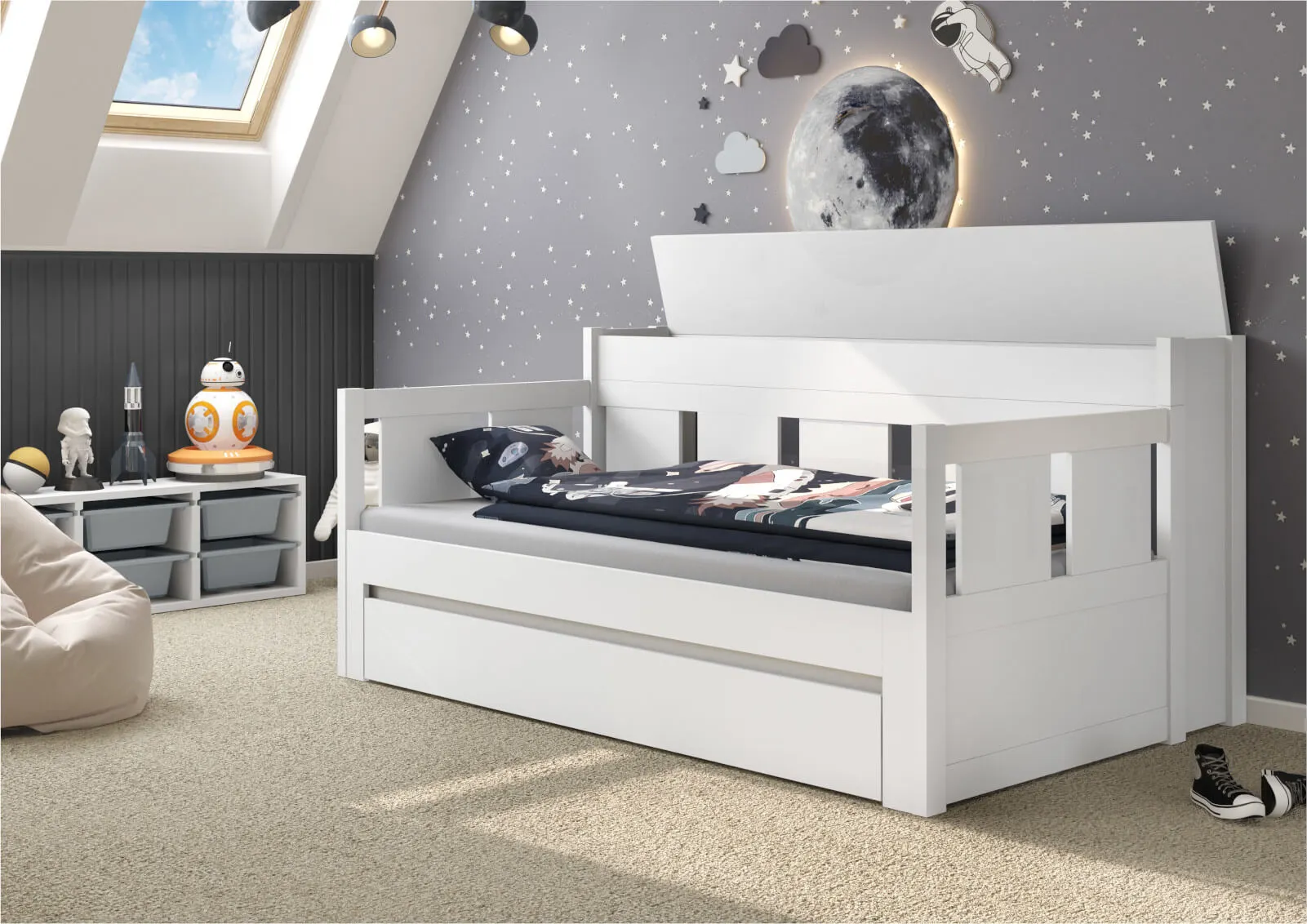 Łóżko drewniane rozkładane MOON 90x200 z oparciem białe - LMOONBIA90