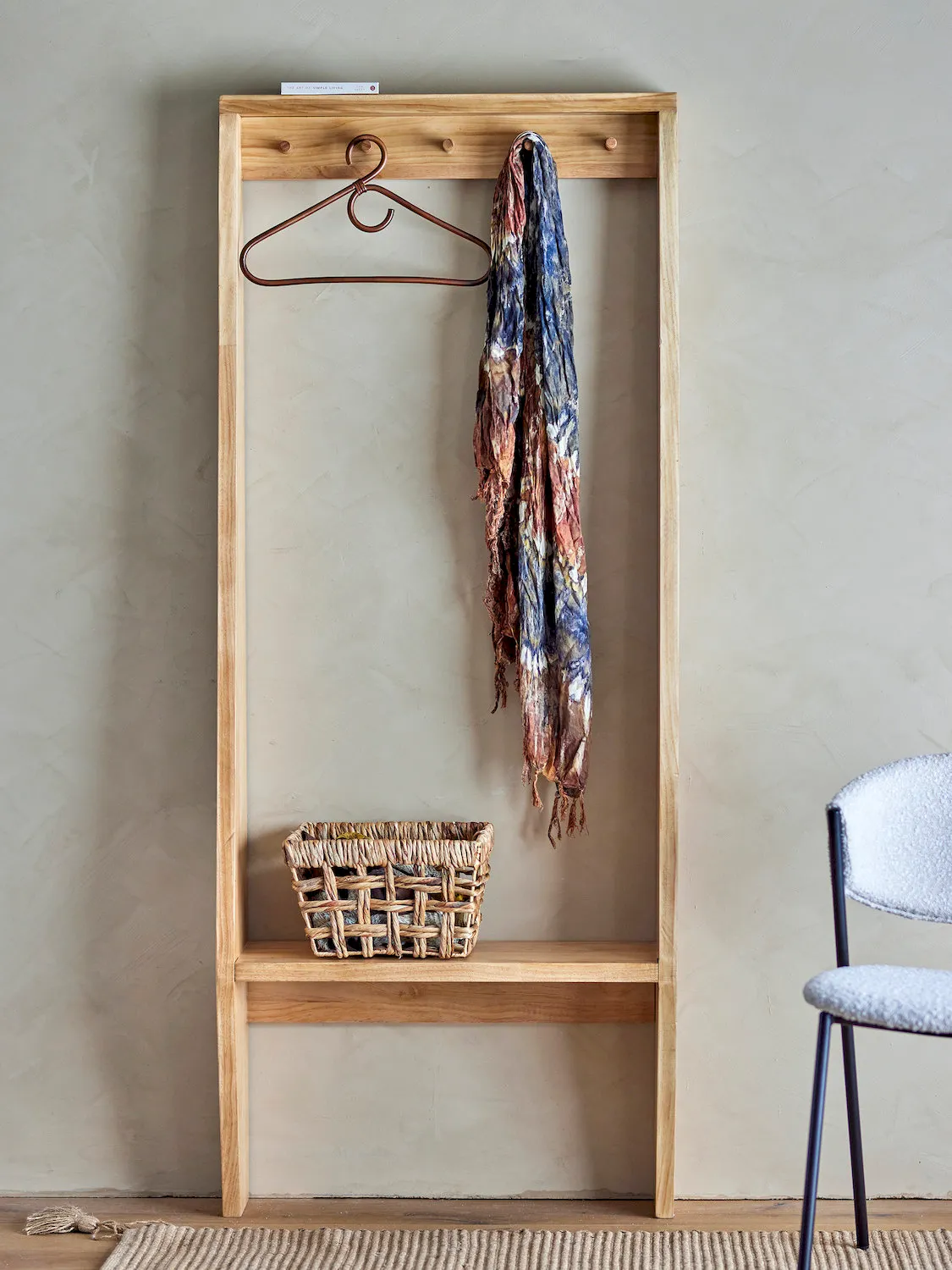 hall stand, coat rack, scarf, basket, wooden frame