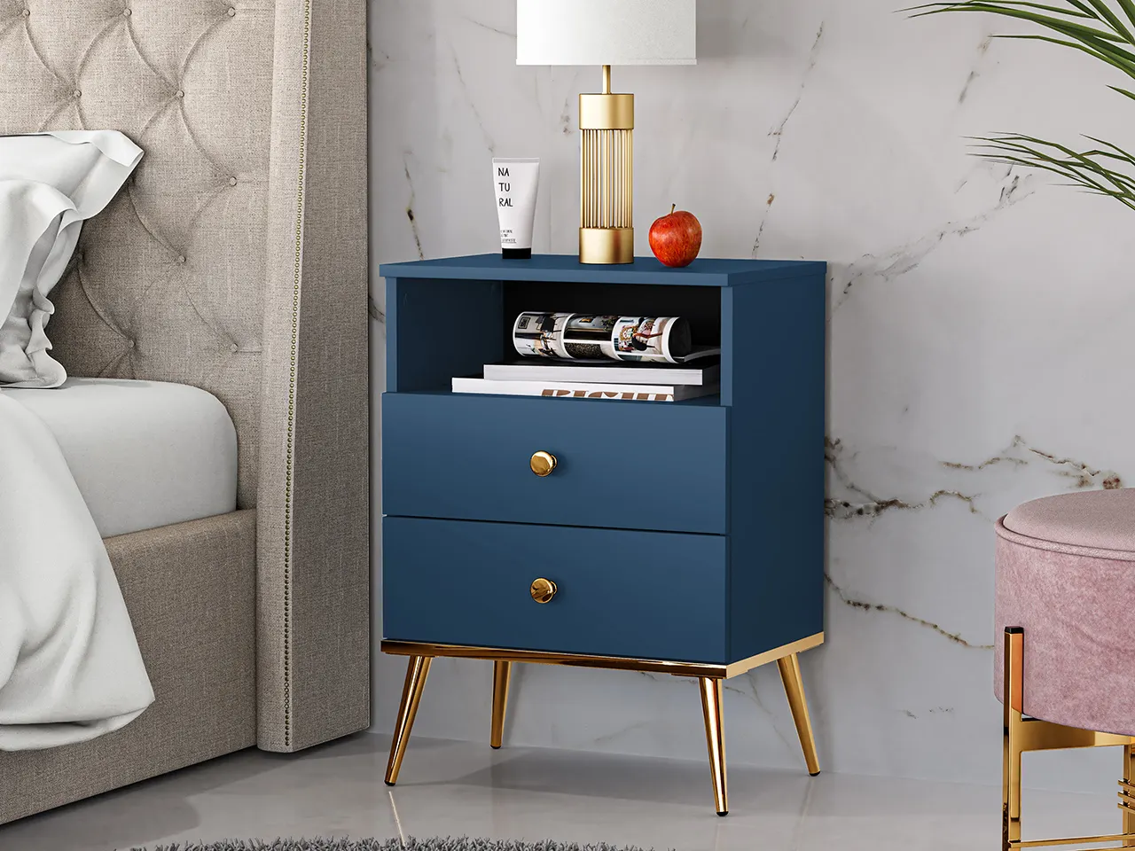Szafka nocna z szufladami MARINE 50x54 niebiesko-złota - 1MARI10-001