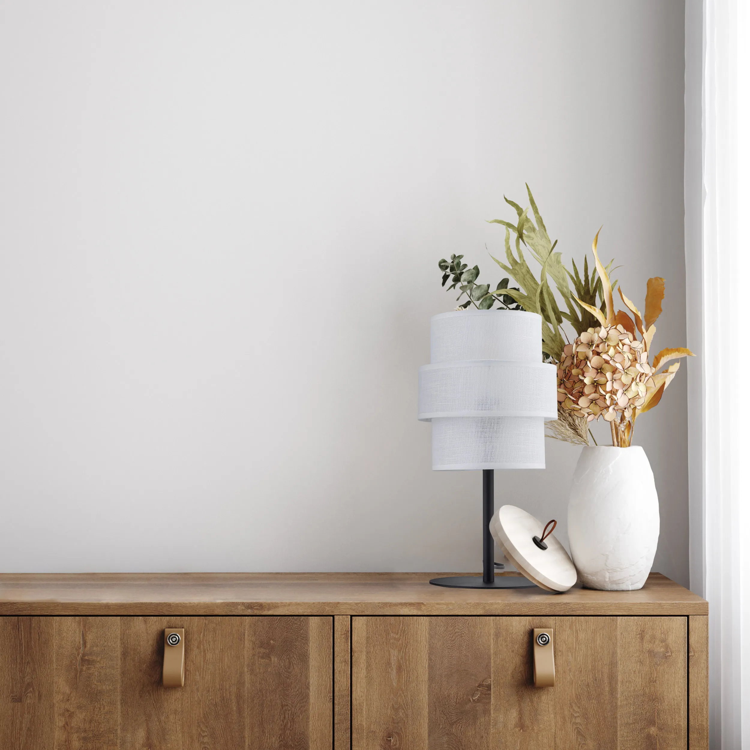 Lampka nocna CALISTO biała z tkaniny na czarnej podstawie 38x20cm - TK_5893