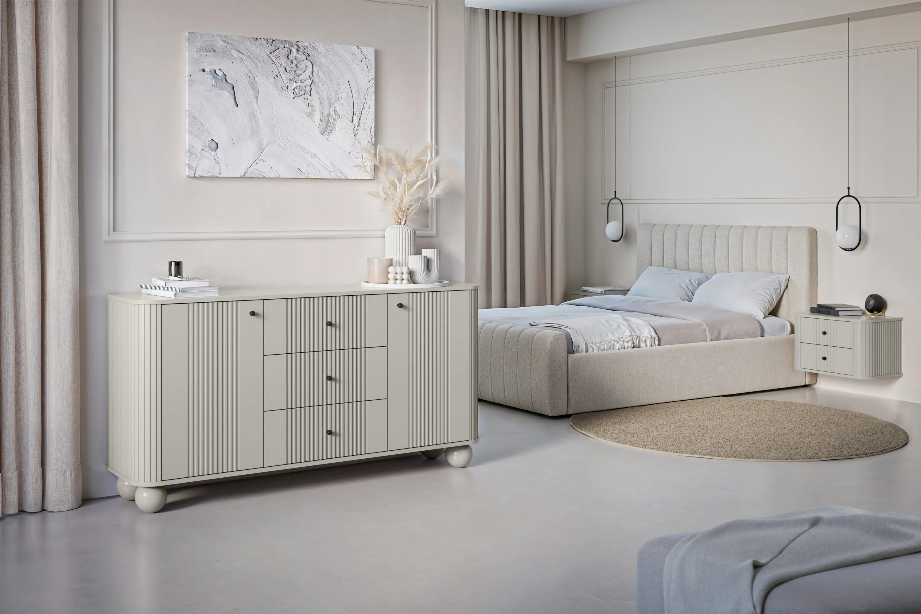 Komoda 2-drzwiowa z 3 szufladami VESPER 160 ryflowany front cashmere czarne uchwyty nogi kule - B_163602