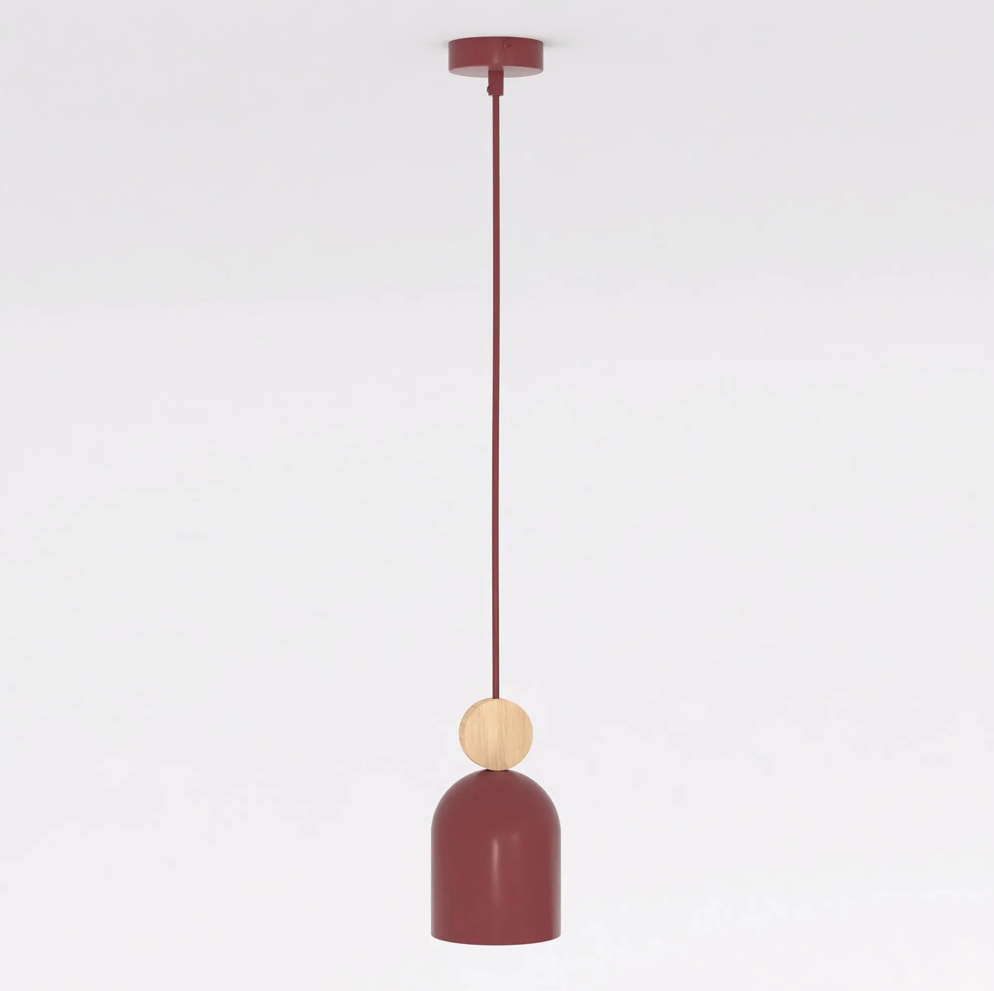 image lampa wisząca, szary czerwony, metalowy klosz, drewniana dekoracja, biegnąca linia