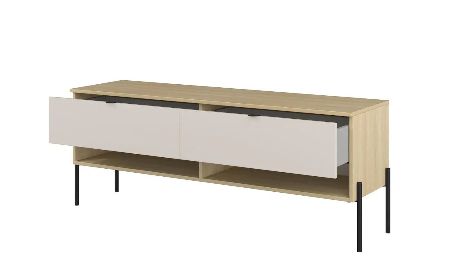 Szafka RTV z 2 szufladami ORE 140 cm dąb lindberg kaszmir czarne nóżki - 24LKOG41