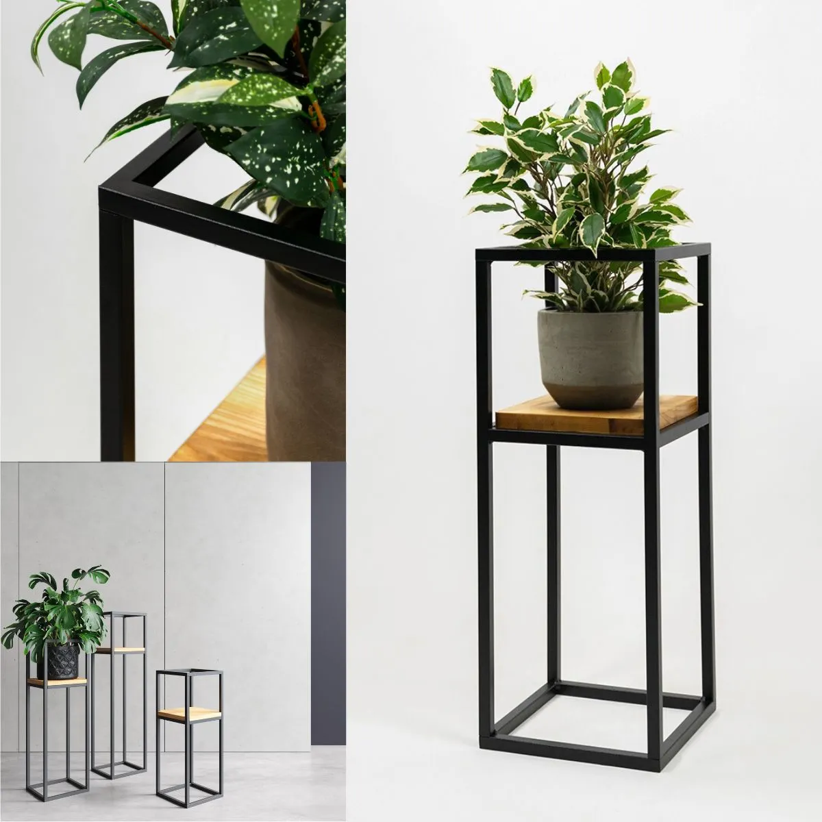 Kwietnik stojący ANET S metal drewno czarny naturalny - LD_TZ000172