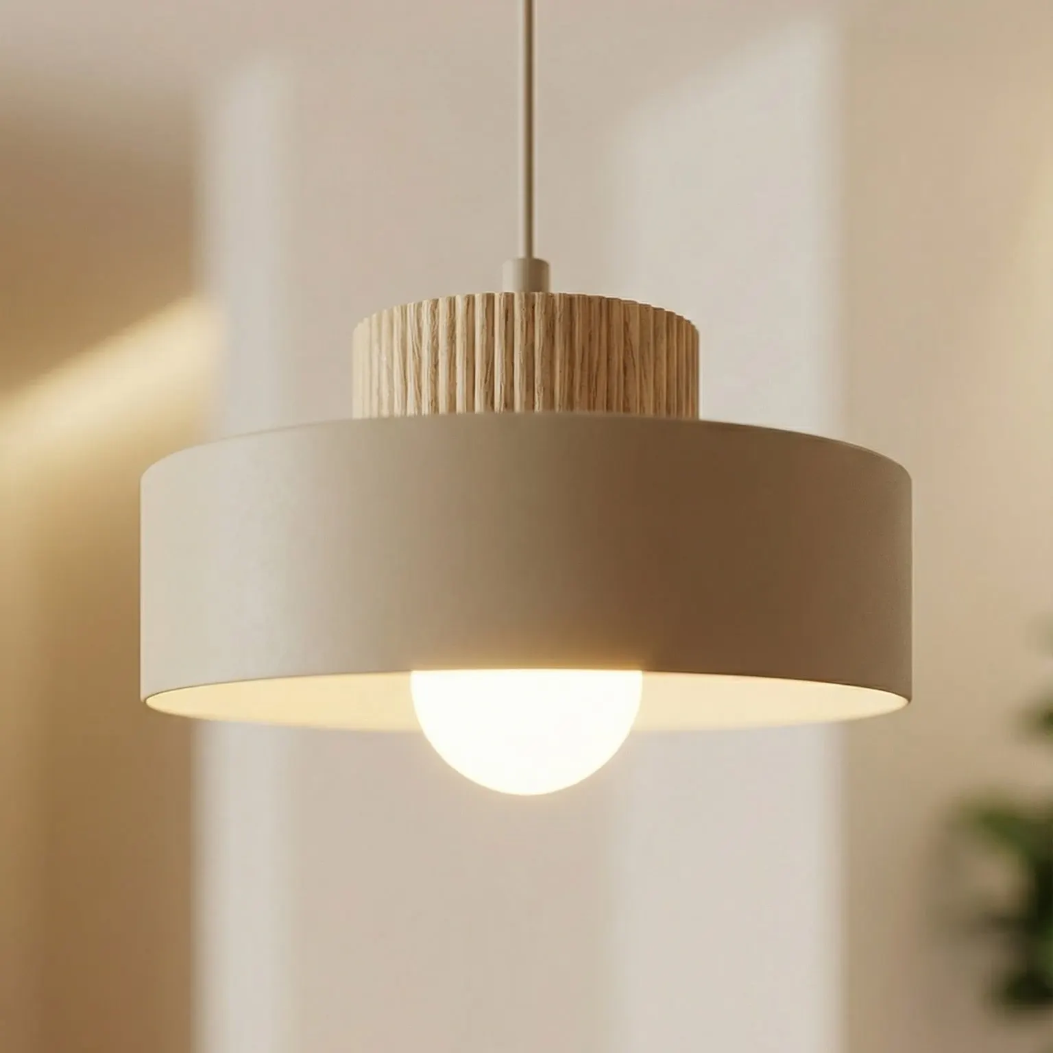 lampa wisząca, korpus metalowy, kolor neutralny, źródło światła, geometryczny design