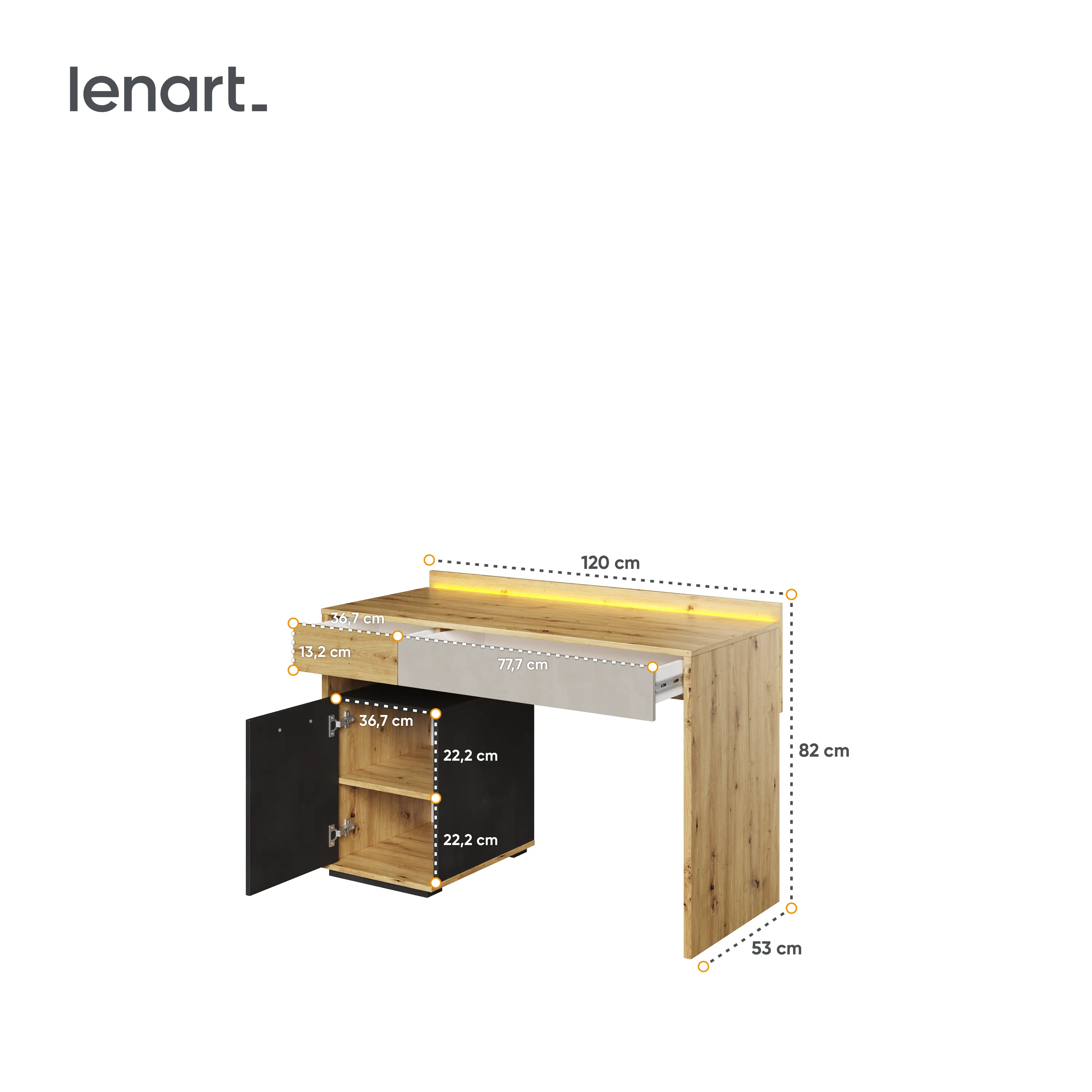 Biurko LED Qubic QB-08 120cm dąb artisan - QB8DAR