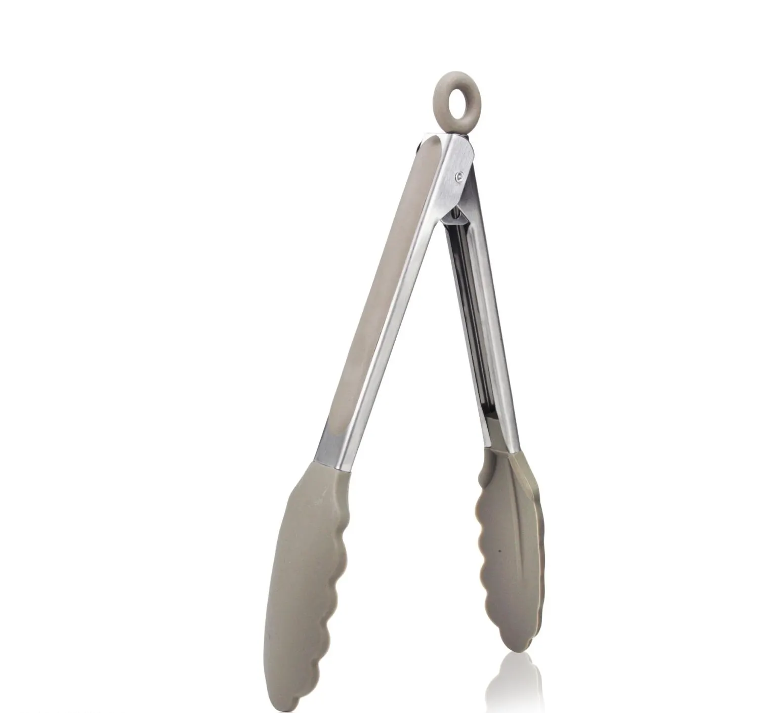 image tongs, narzędzia kuchenne, stal nierdzewna, uchwyty beżowe, pierścień zawiasowy