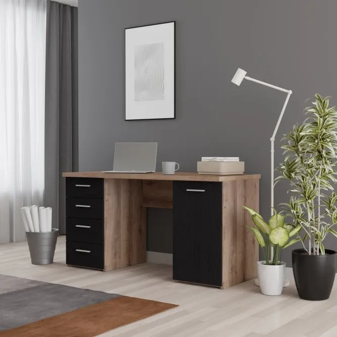 Biurko NET106 z szafką i 4 szufladami - czarny, efekt dębu - MT926-N09