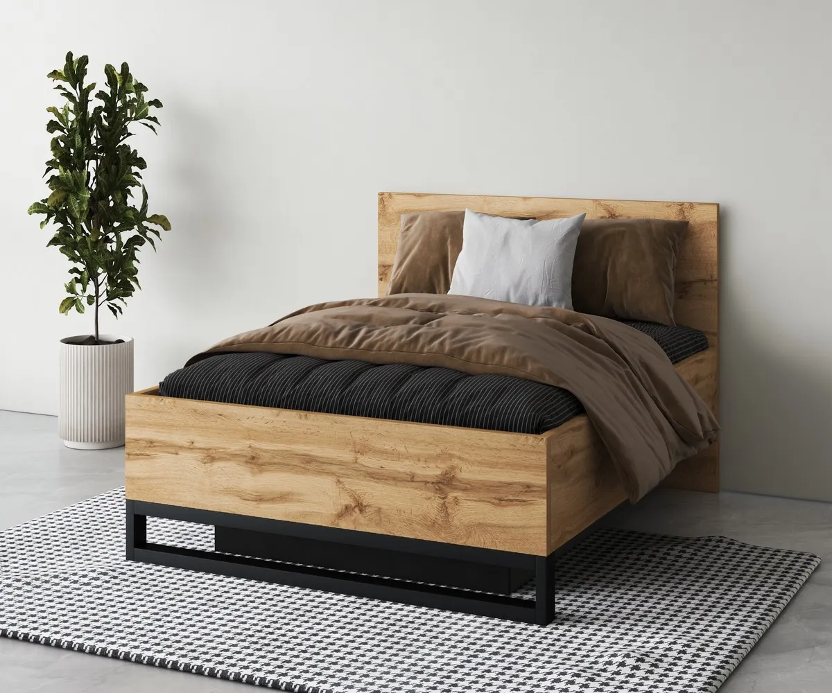 Łóżko z zagłówkiem i pojemnikiem HALLE S 140x200 dąb Wotan/czarne nogi - 24N0NG50