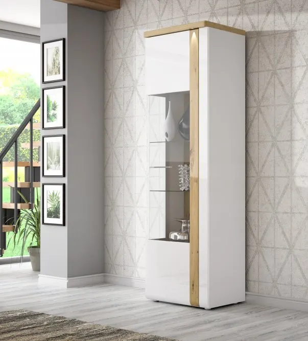 Witryna szklana wysoka TULUZA 196x66,5 prawa biała dąb artisan - TUZV811RB-C843