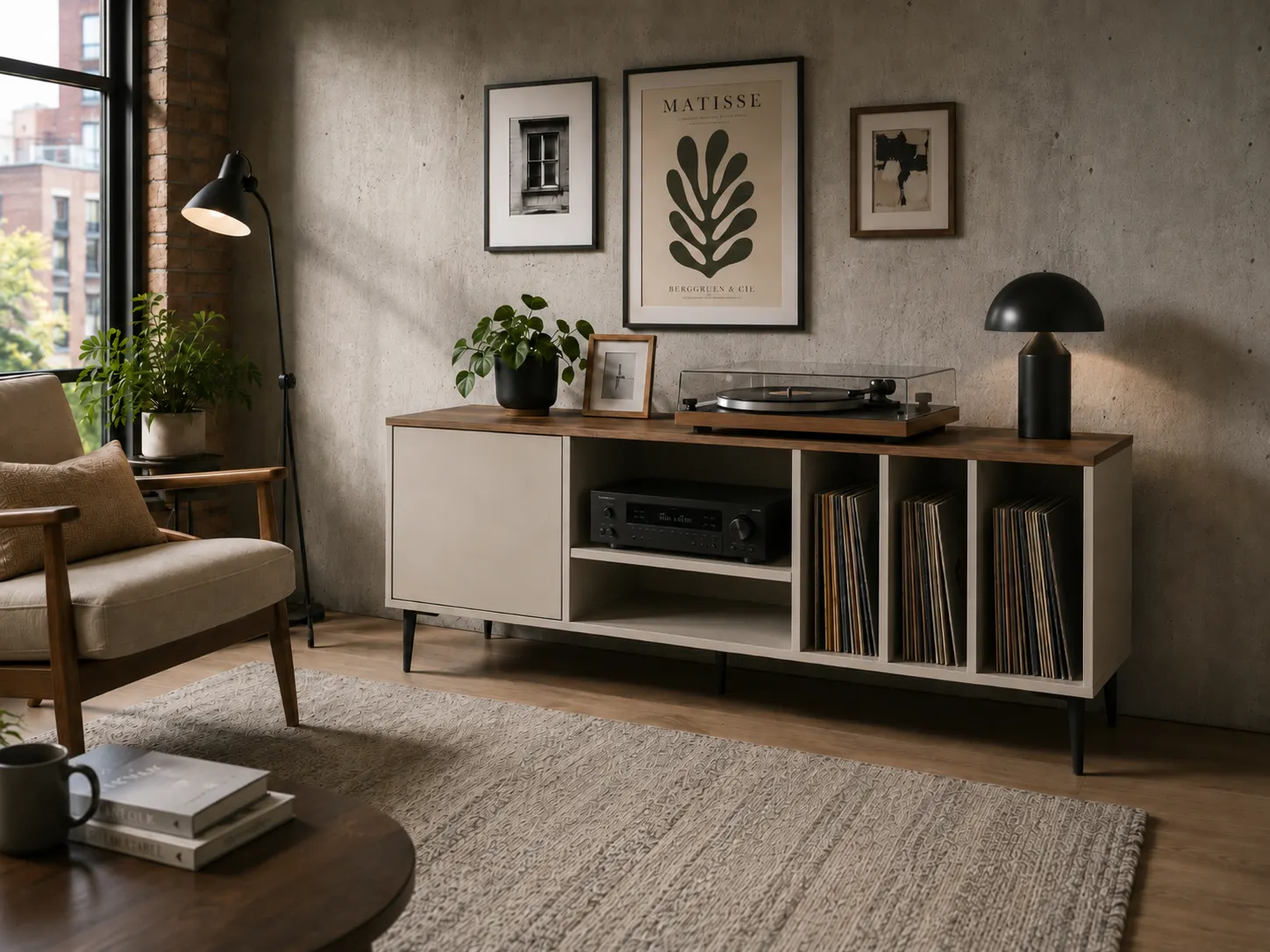 meble, rama na CD, komoda z drewnem, gramofon, rośliny