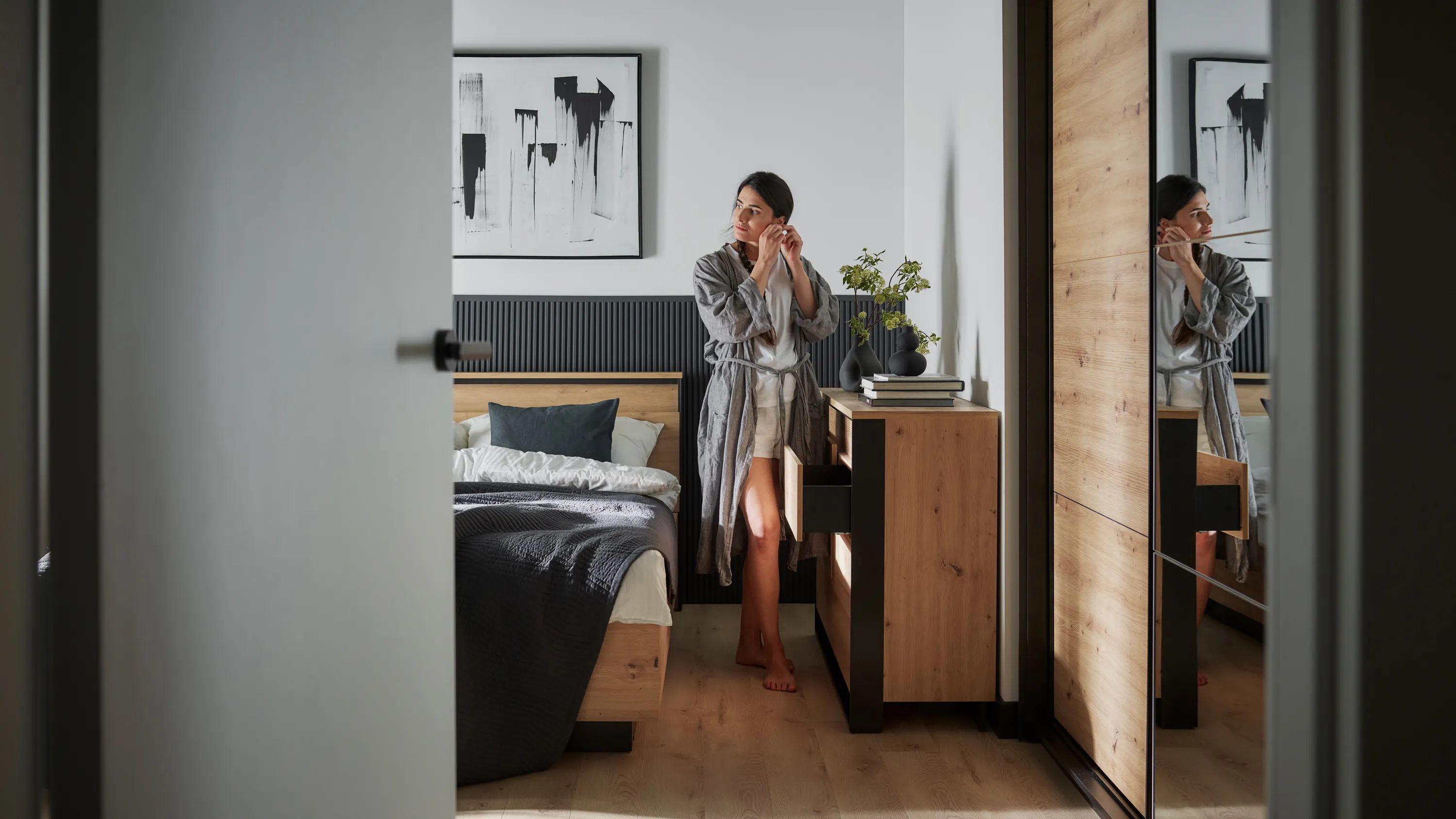 Szafa 2-drzwiowa z lustrem LED Quant QS-01 220cm dąb artisan/czarny - QS1DAC