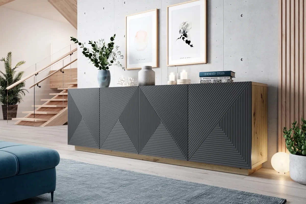 Komoda ASHA 200 4D - szara - dąb artisan - ryflowany front - cokół - B_52314