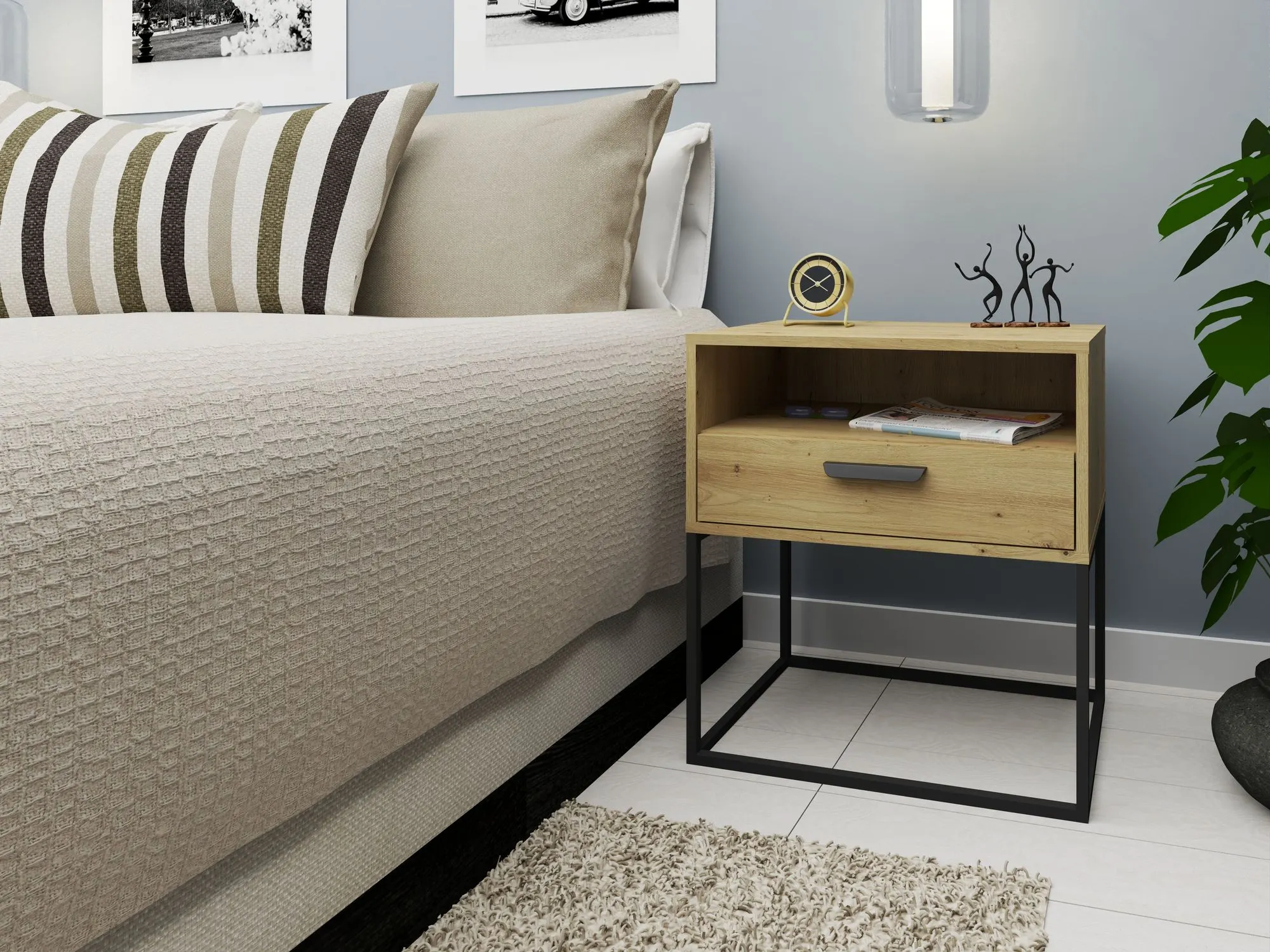 Szafka nocna z 1 szufladą i półką na stelażu 60cm CADRO 4 z uchwytem dąb artisan - INT_5003328