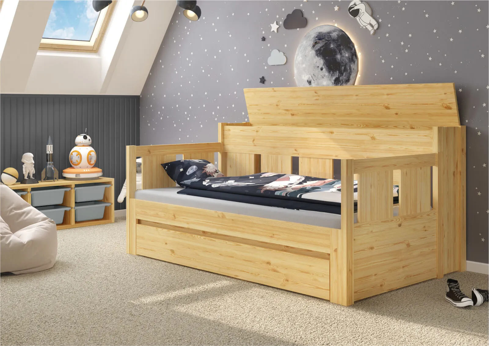 Łóżko drewniane rozkładane MOON 90x200 z oparciem naturalne - LMOONSOS90