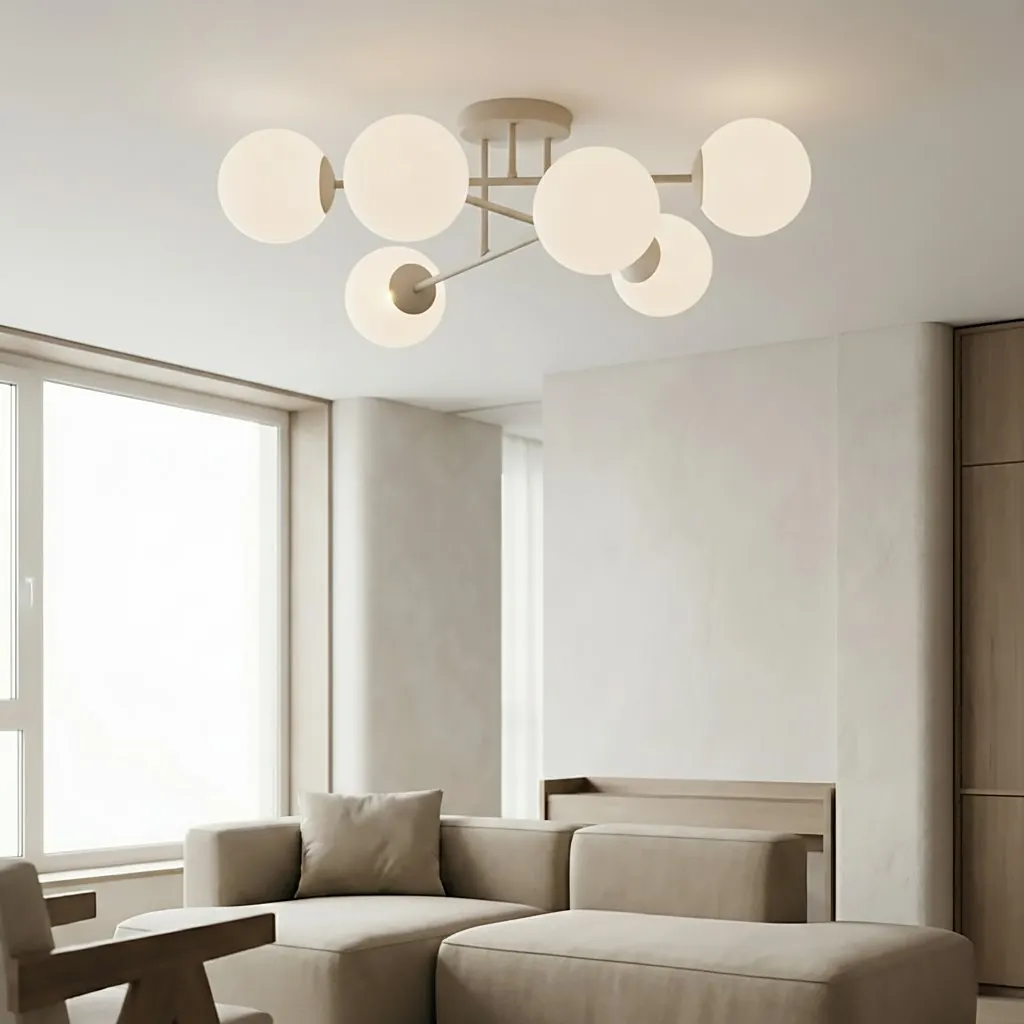 image lampa sufitowa, kula światła, biała lampa, nowoczesny design, salon