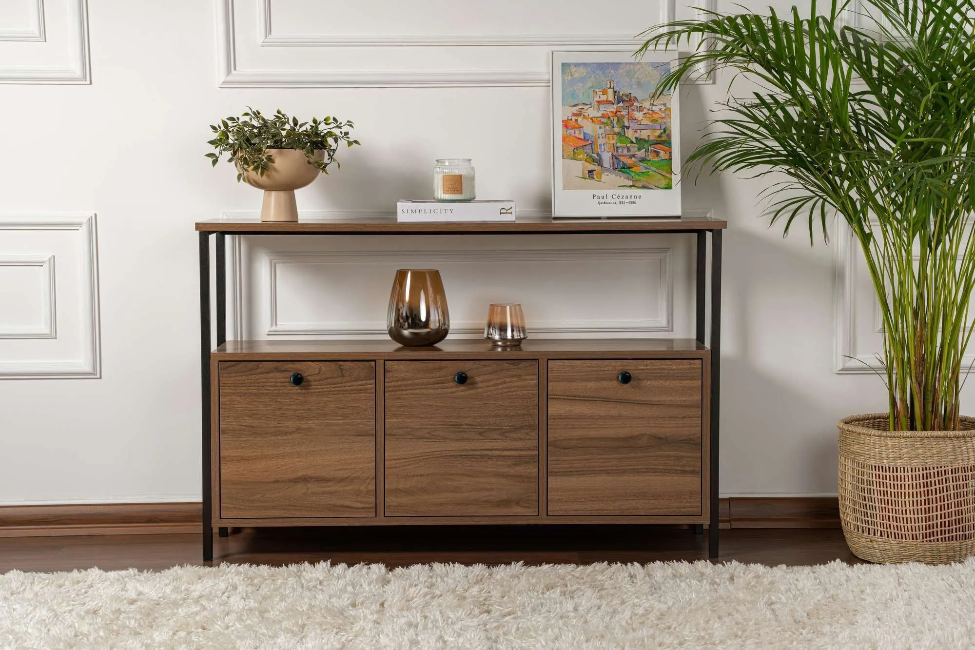 Konsola 3-drzwiowa SOLACE 120 cm orzech czarny metalowy stelaż — zdjęcie 7