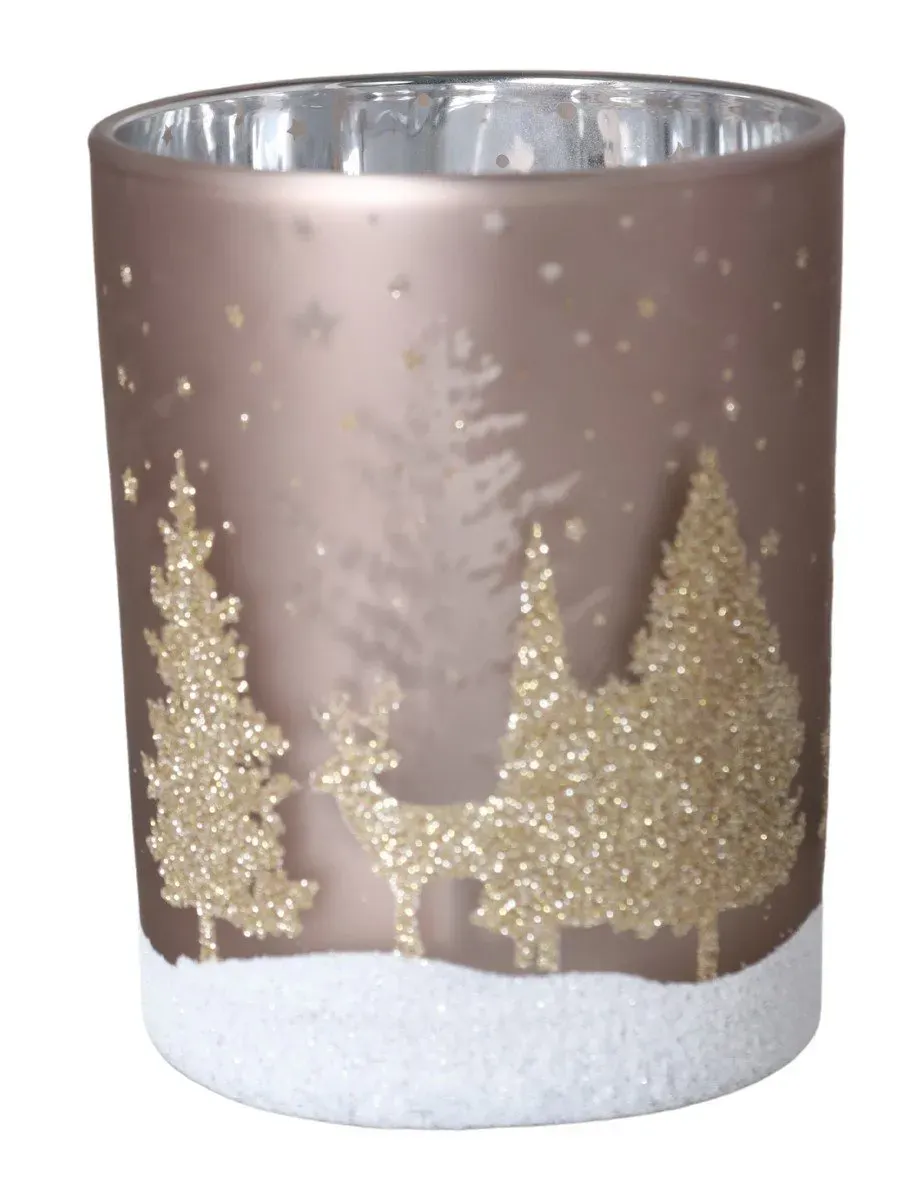 ŚWIECZNIK szklany BRĄZOWY Z CHOINKAMI mały 5265 brązowo-złoty