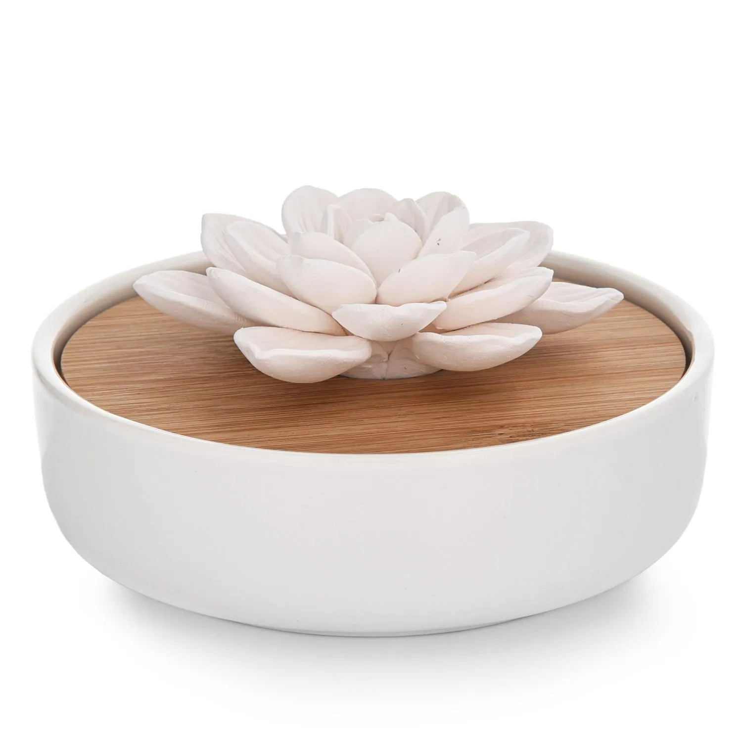 image ceramic bowl, drewniana pokrywka, succulent, białe kwiaty, dekoracja domu