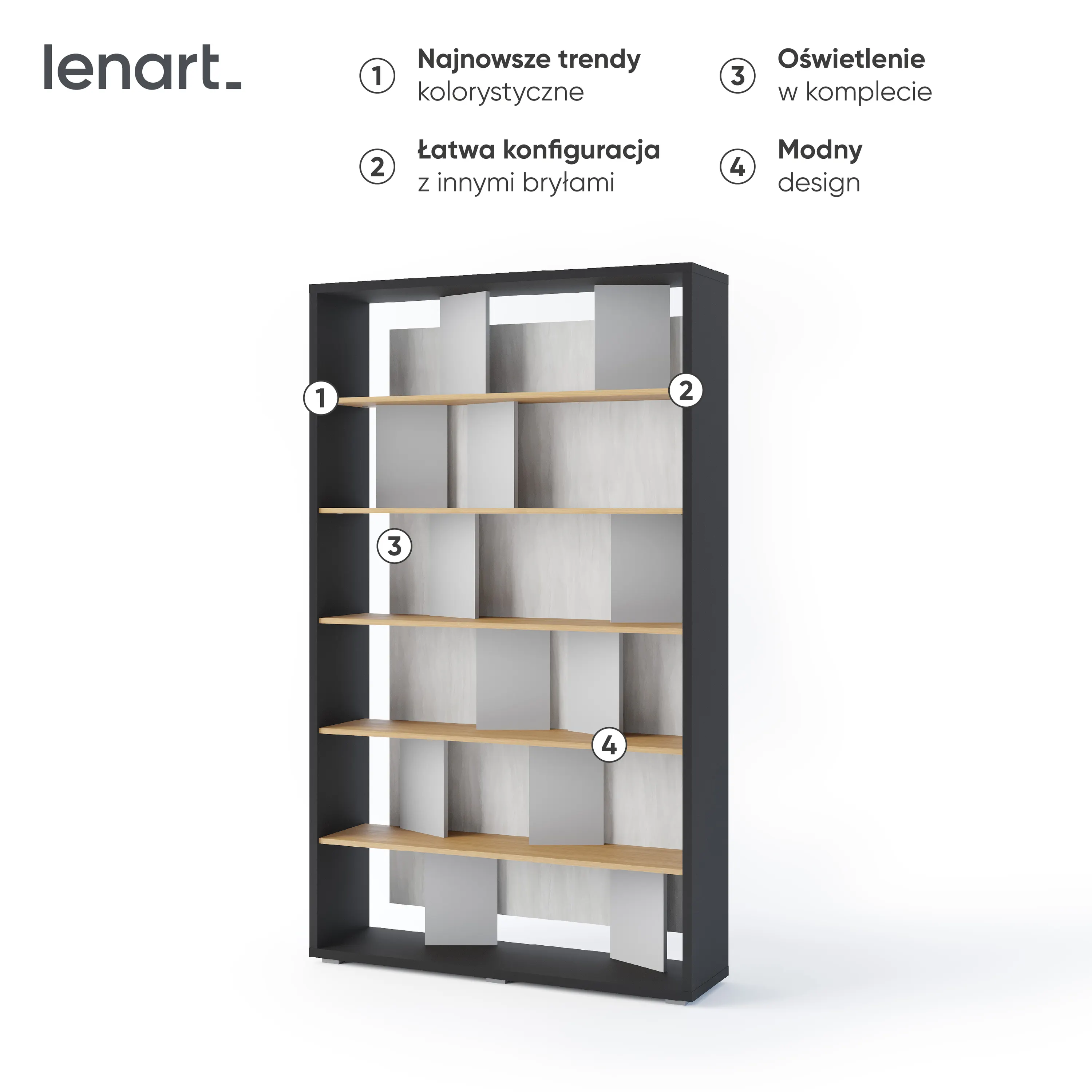 FITT FP-01 - regał z oświetleniem - grafit/dąb linearny/natura/szary - FP1GD