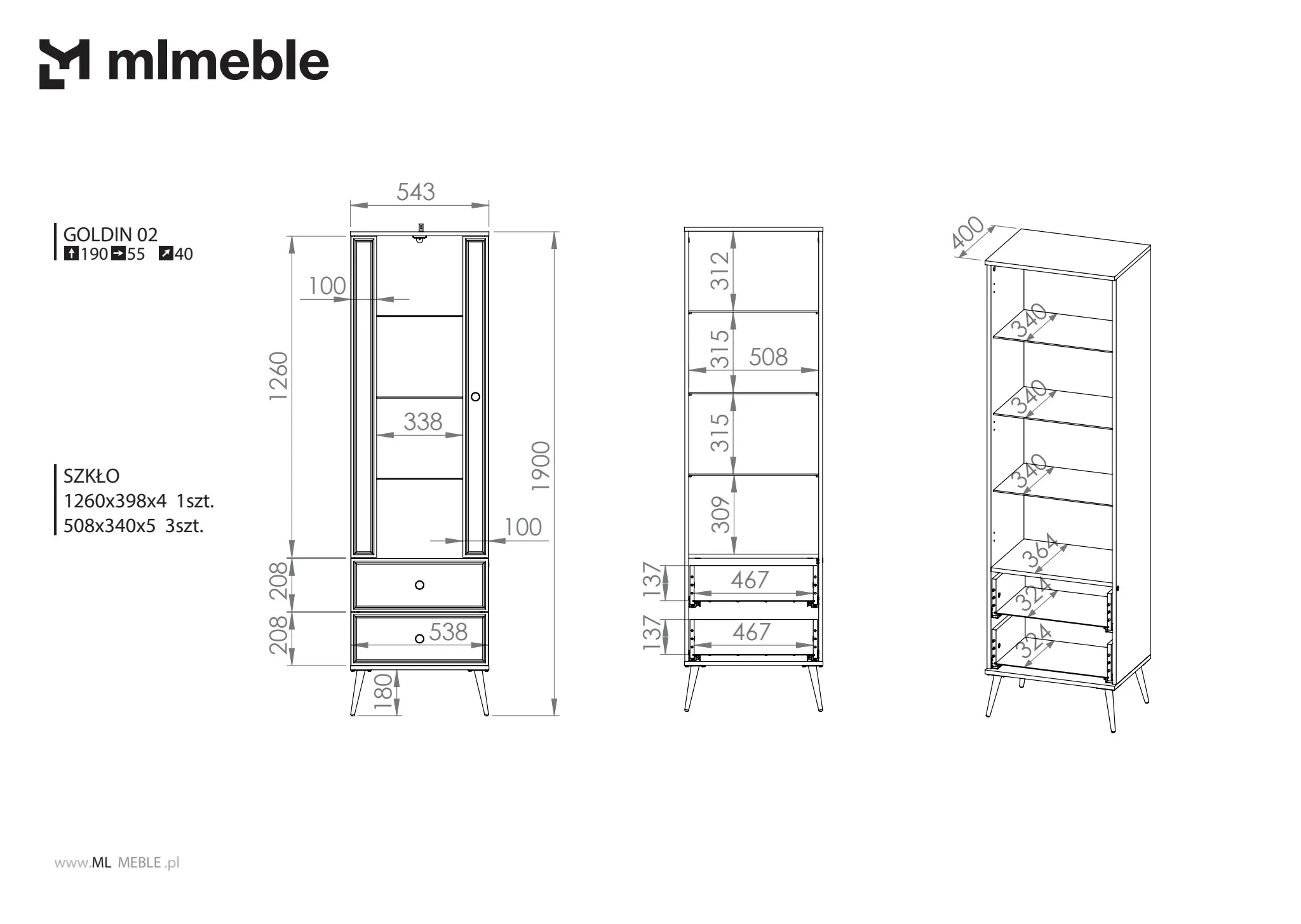 Witryna wąska 1-drzwiowa z 2 szufladami GOLDIN 02 biały połysk na złotych nogach z oświetleniem - 1GOLD02-001