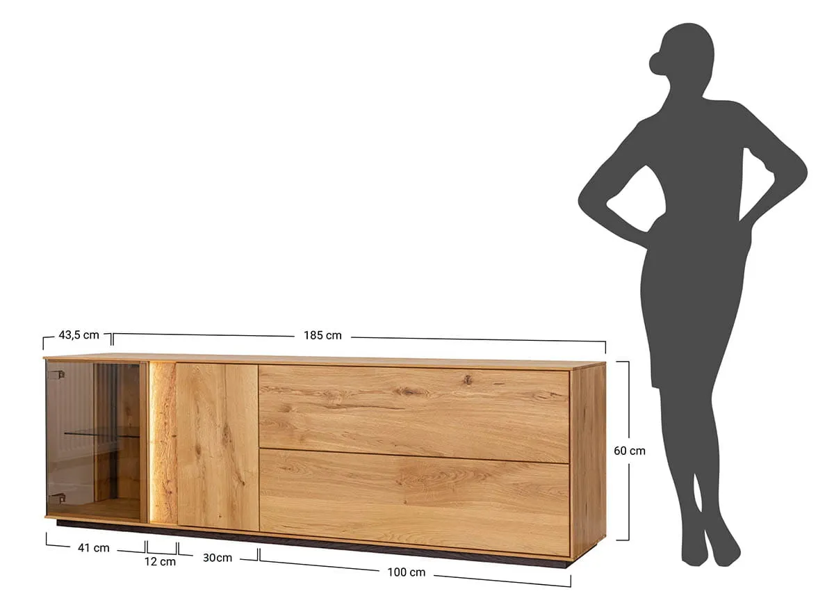 Komoda TV dębowa COLLODI z przeszkleniem i oświetleniem 185 cm - dąb olejowany - ZICOL09